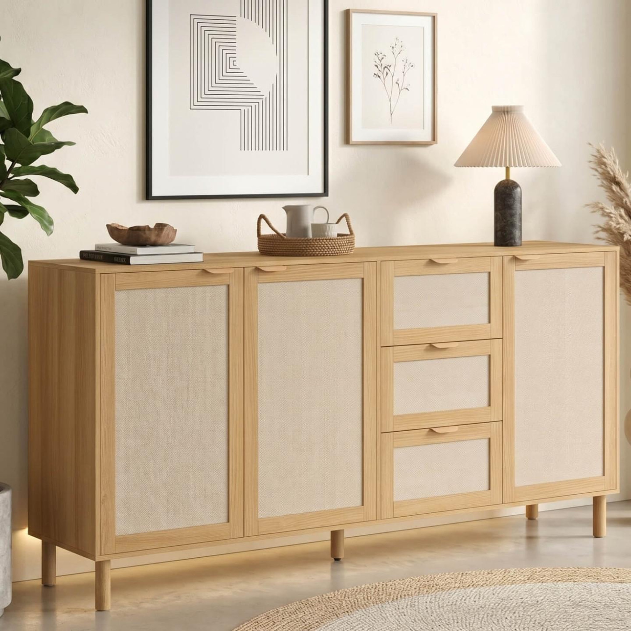Voir la diapositive 2 : ID MARKET Buffet 160 cm ROBIN 4 portes avec 3 tiroirs meuble de rangement bois et tissu effet lin