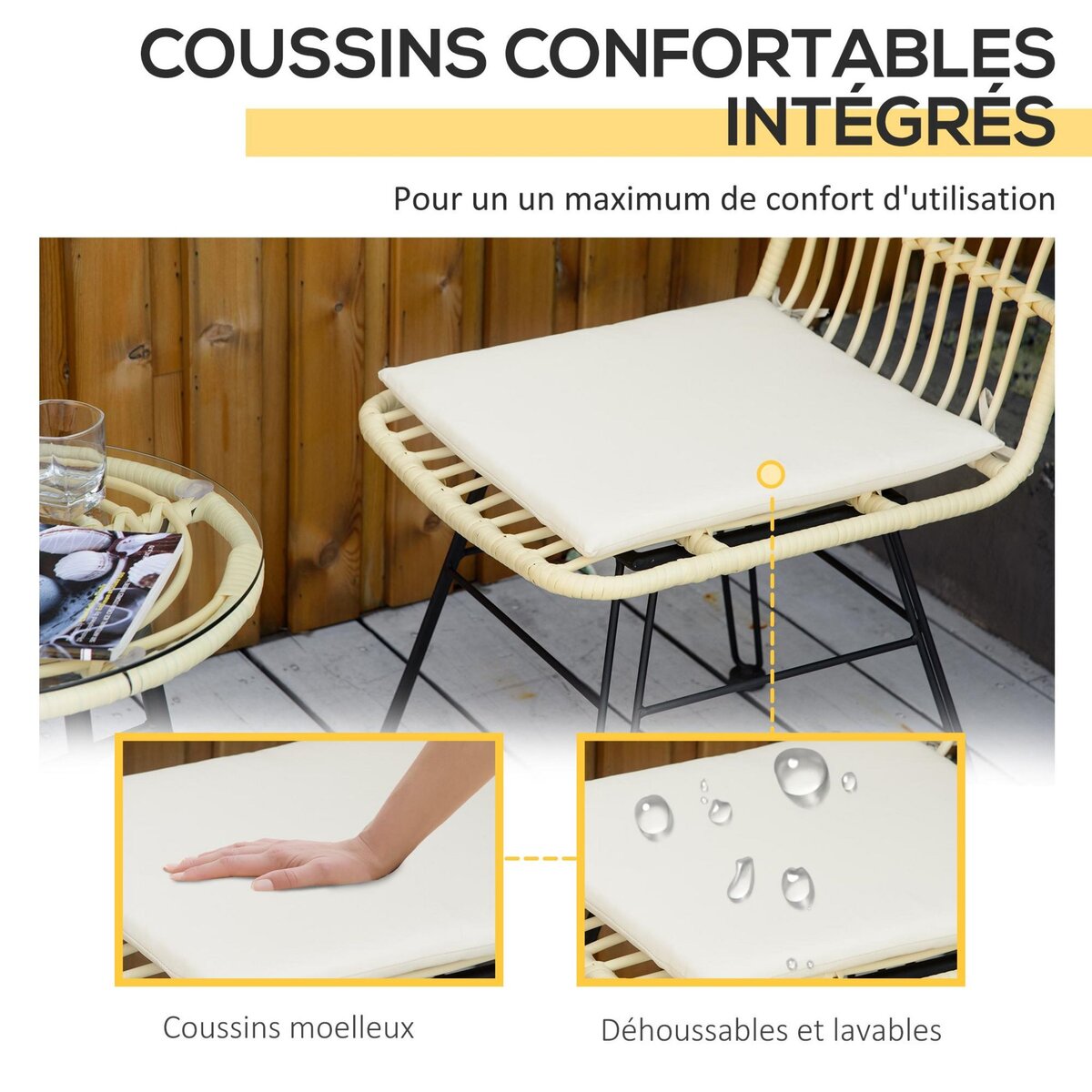 OUTSUNNY Ensemble bistro de jardin 2 places 3 pièces style exotique 2 chaises + table basse ronde métal époxy noir résine tressée beige