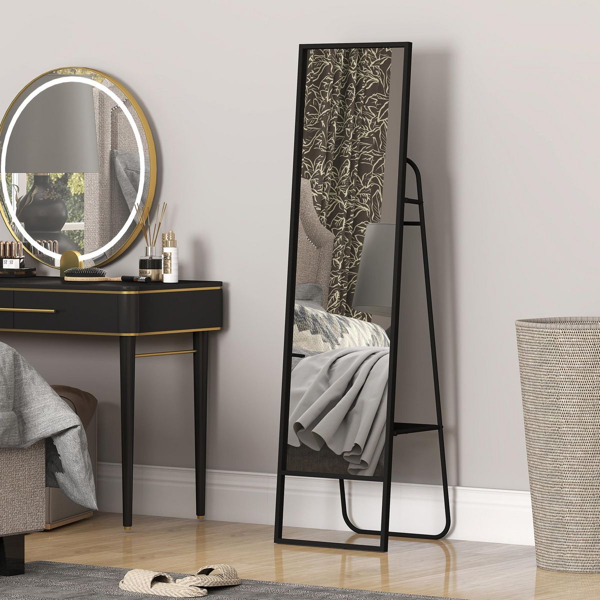 HOMCOM Miroir sur pied avec rangements grande taille dim. 148,5 x 40 cm métal noir