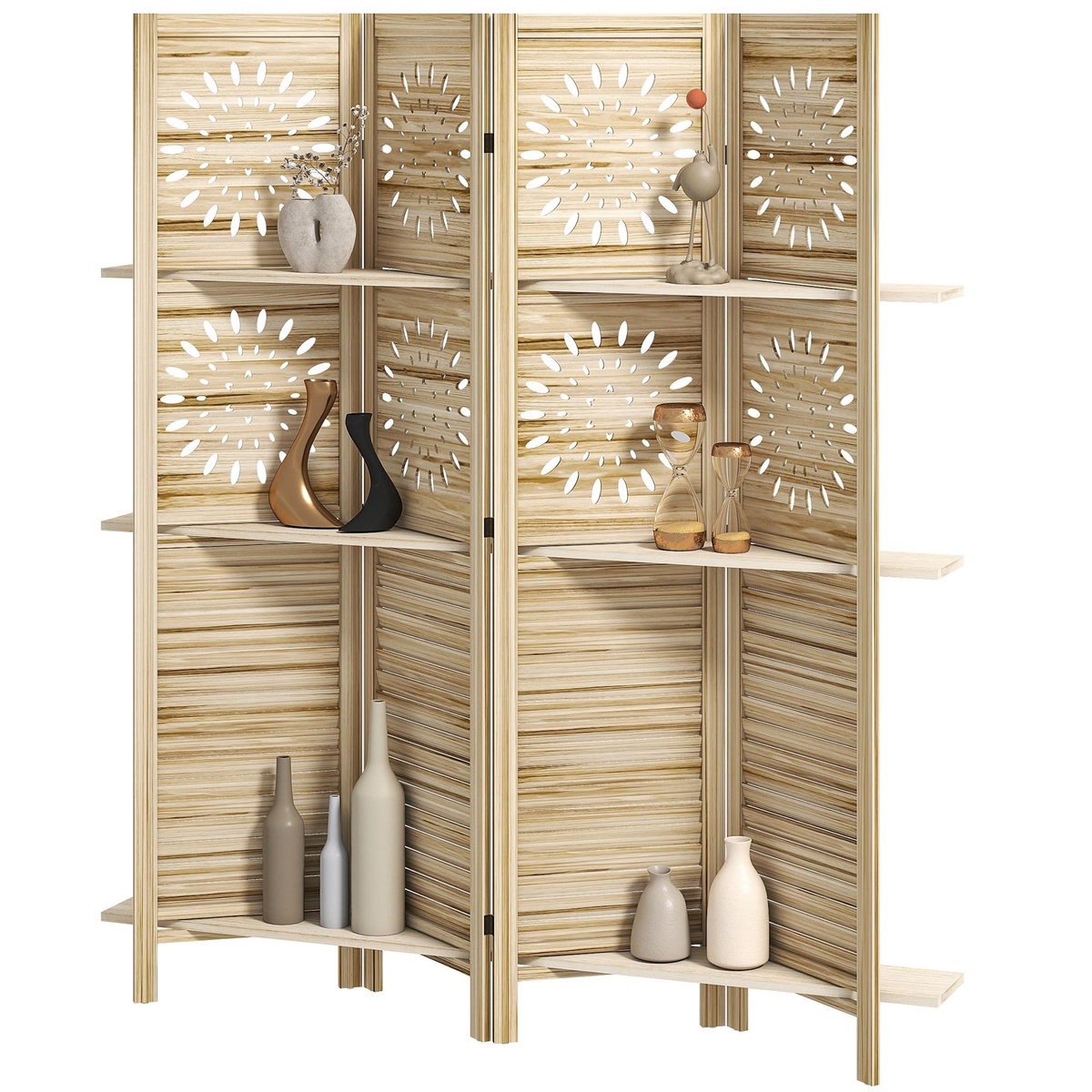 HOMCOM Paravent intérieur bois naturel 4 panneaux 3 étagères séparateur de pièce pliable 160 x 170 cm