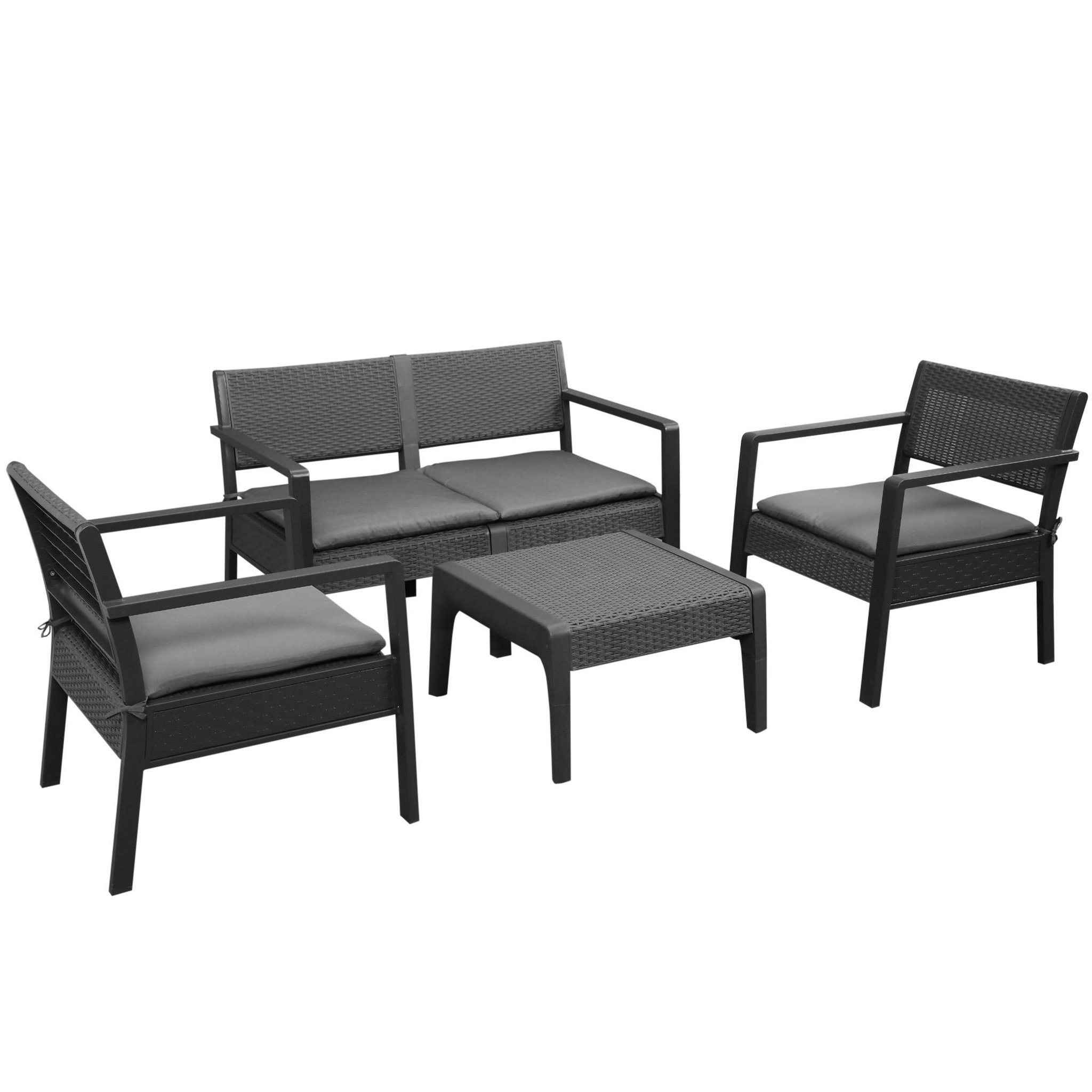 Voir la diapositive 1 : OUTSUNNY Ensemble salon de jardin 4 places 4 pièces design style yachting coussins déhoussables inclus table basse métal époxy résine tressée anthracite