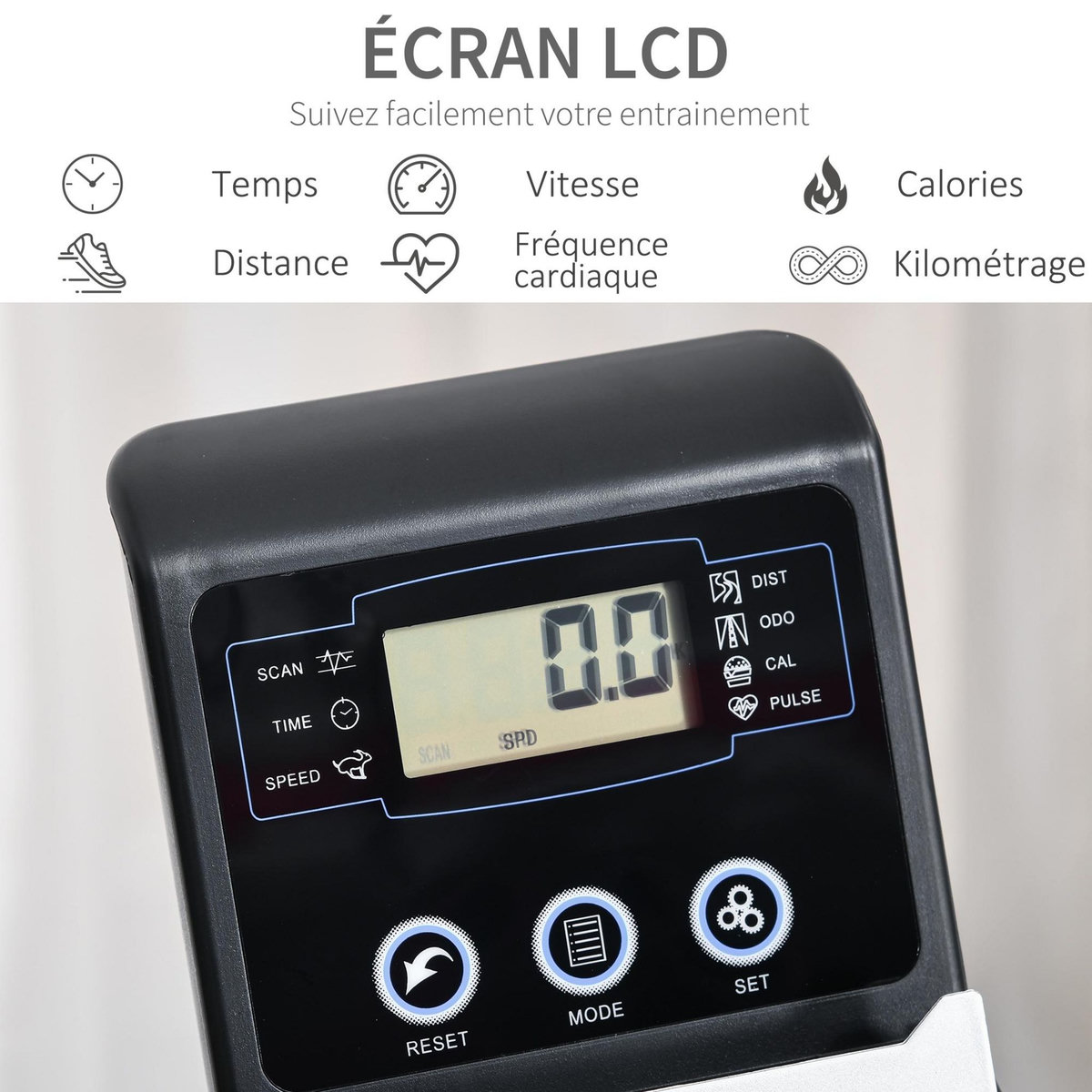 HOMCOM Vélo d'appartement semi-allongé magnétique écran LCD multifonction siège résistance réglable volant inertie 3 Kg gris