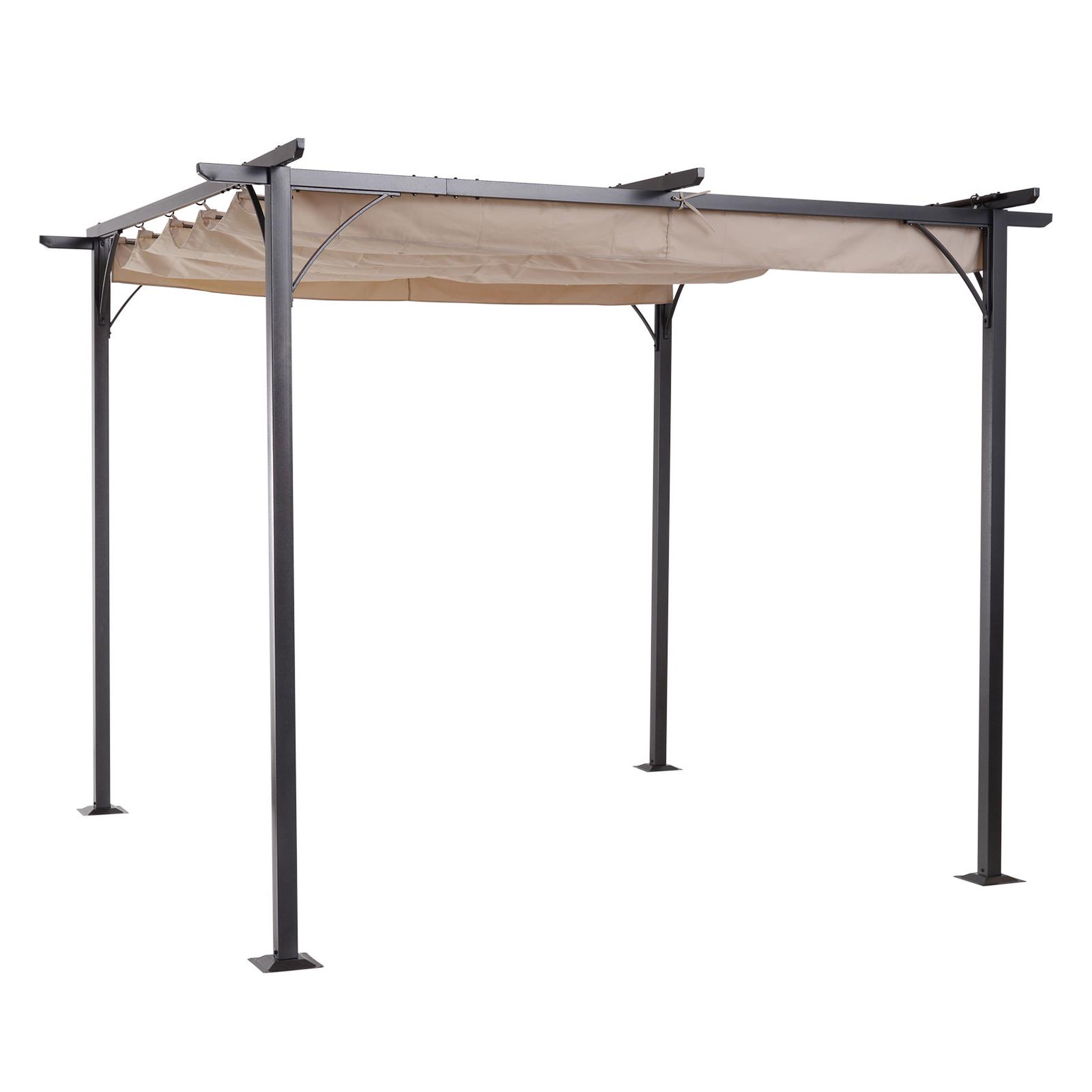 Voir la diapositive 1 : OUTSUNNY Pergola rétractable 3L x 3l x 2,30H m structure métal époxy anticorrosion noire + toile polyester haute densité 180 g/m² incluse beige