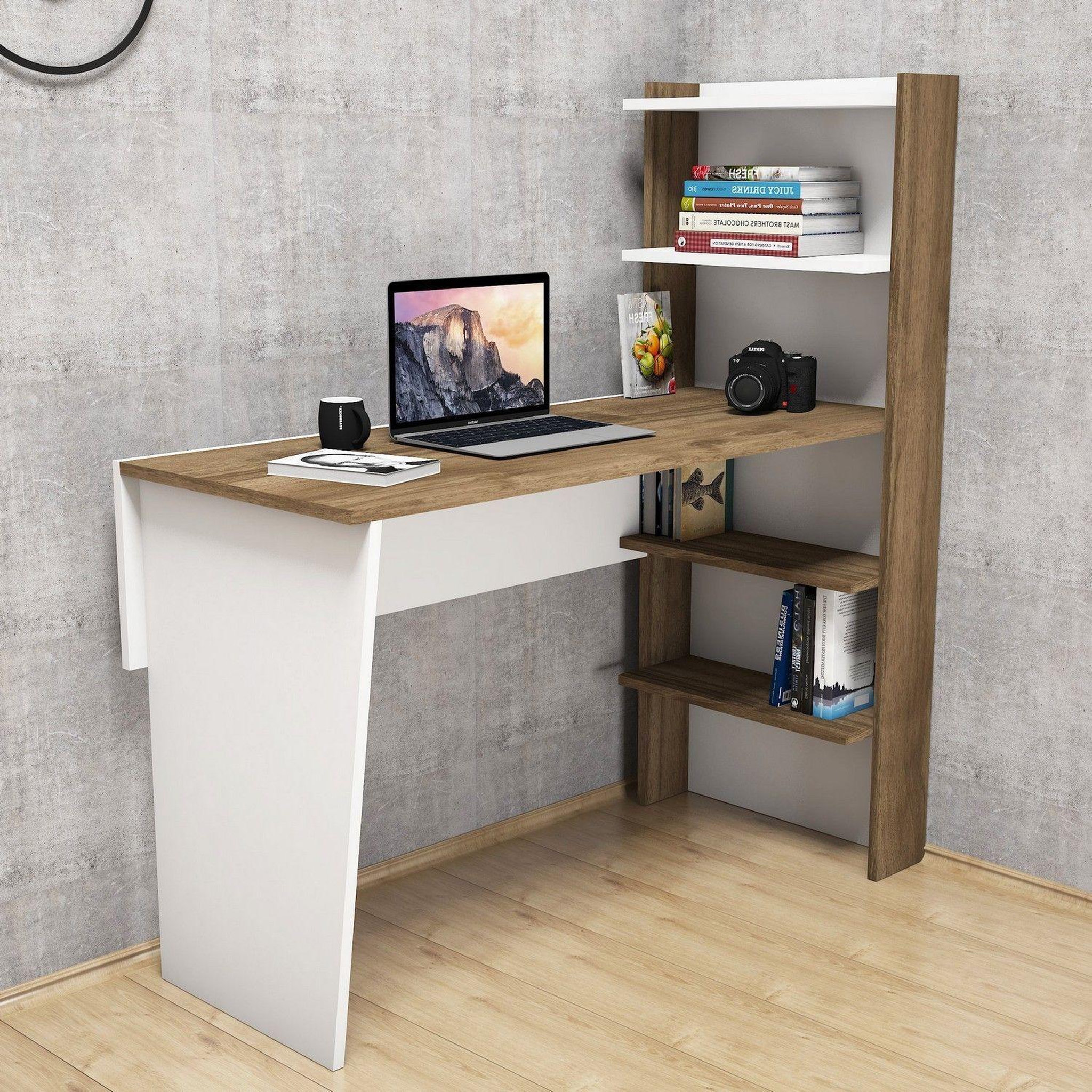Voir la diapositive 2 : TOILINUX Bureau en mélaminé avec étagères l.120xh.130cm - marron noix et blanc