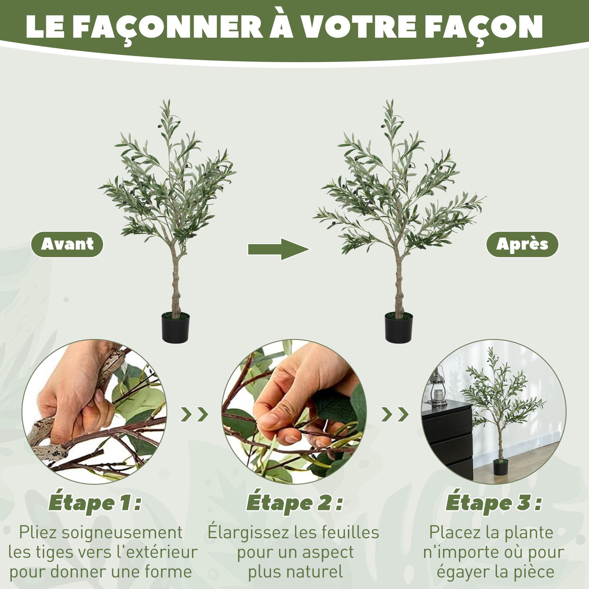 Voir la diapositive 5 : HOMCOM Olivier artificiel H.120 cm - grand réalisme - 450 feuilles en soie, 20 olives - mousse effet lichen pot inclus