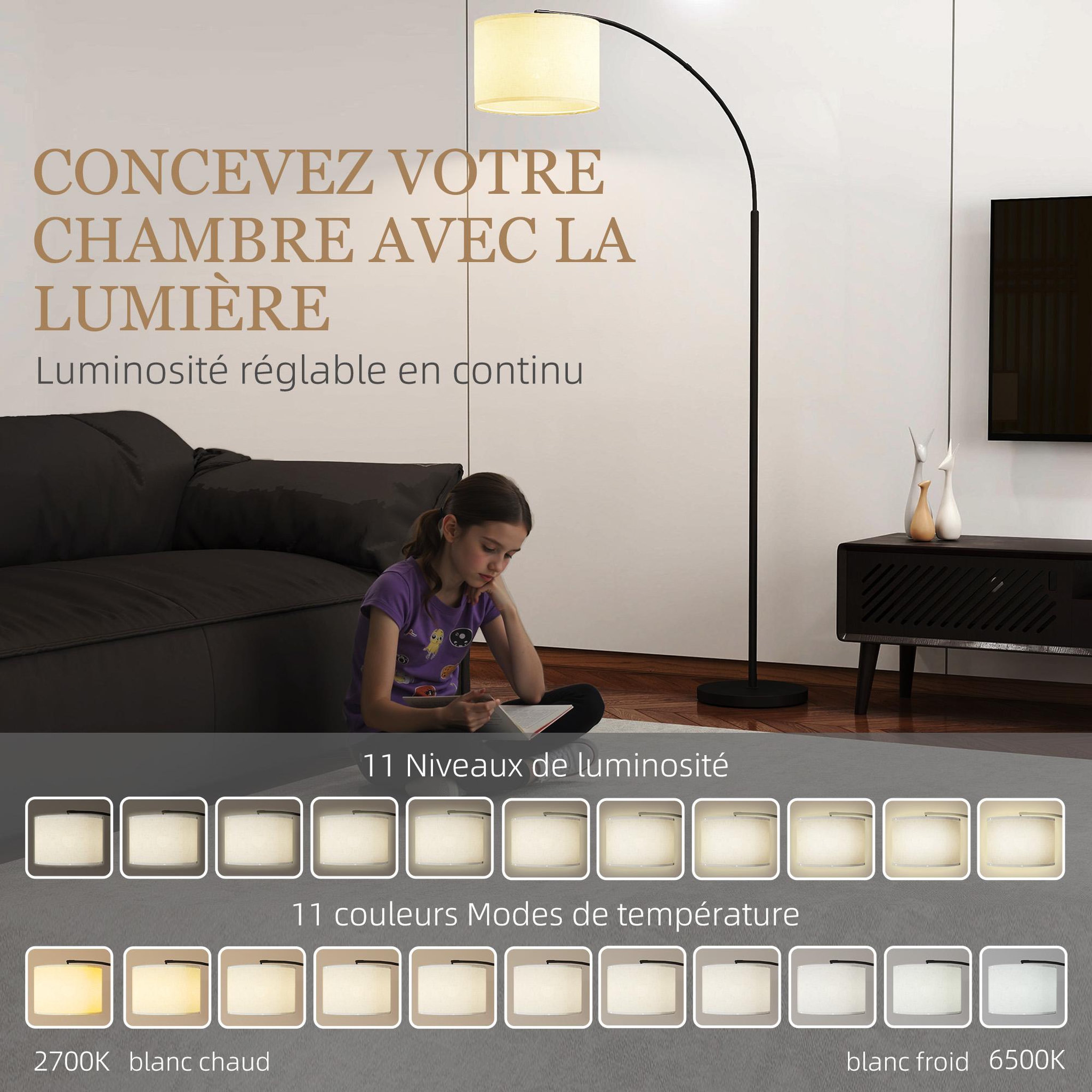 Voir la diapositive 5 : HOMCOM Lampadaire led dimmable h.180 cm avec télécommande abat-jour réglable 11 température couleurs et niveaux de luminosité noir