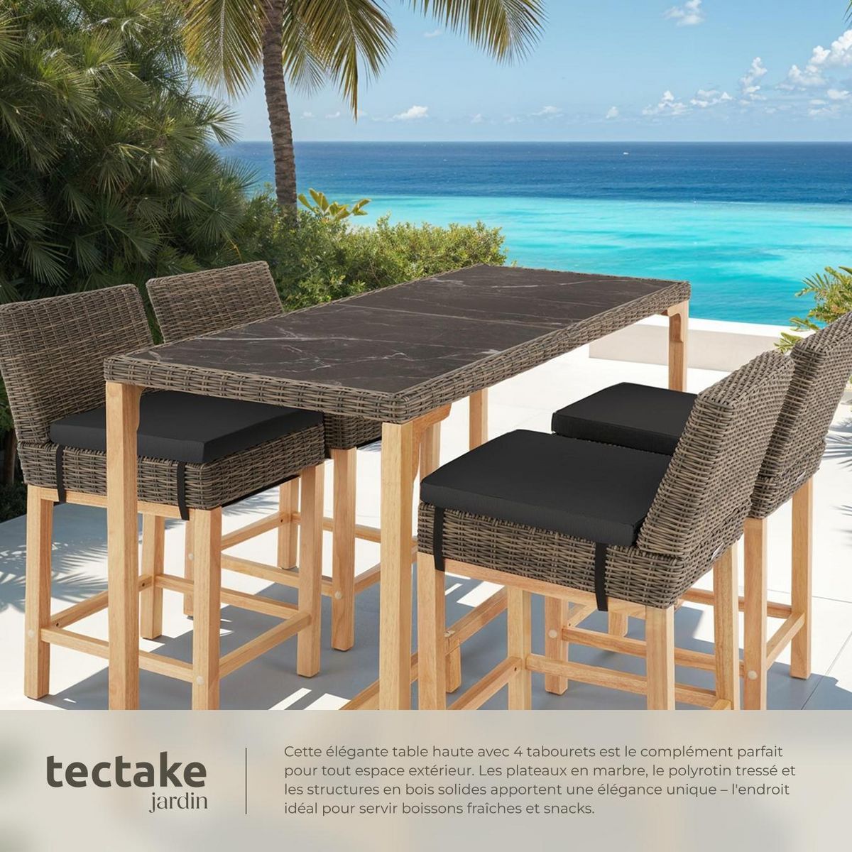 tectake Ensemble table en rotin avec 4 chaises avec cadre en aluminium marron naturel