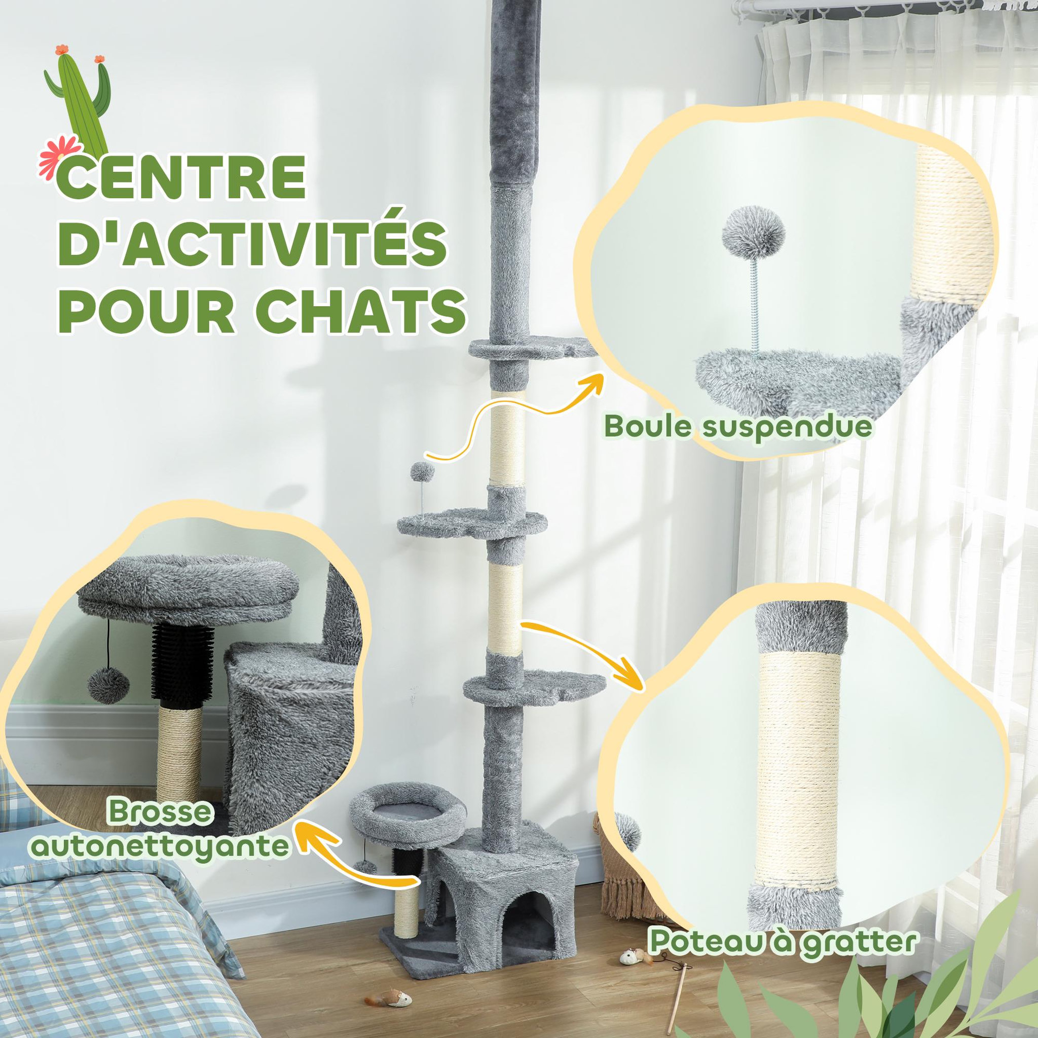 Voir la diapositive 5 : PAWHUT Arbre à chat du sol au plafond h.225-255cm - arbre à chat tour réglable - niche, plateformes, griffoirs, boules - gris