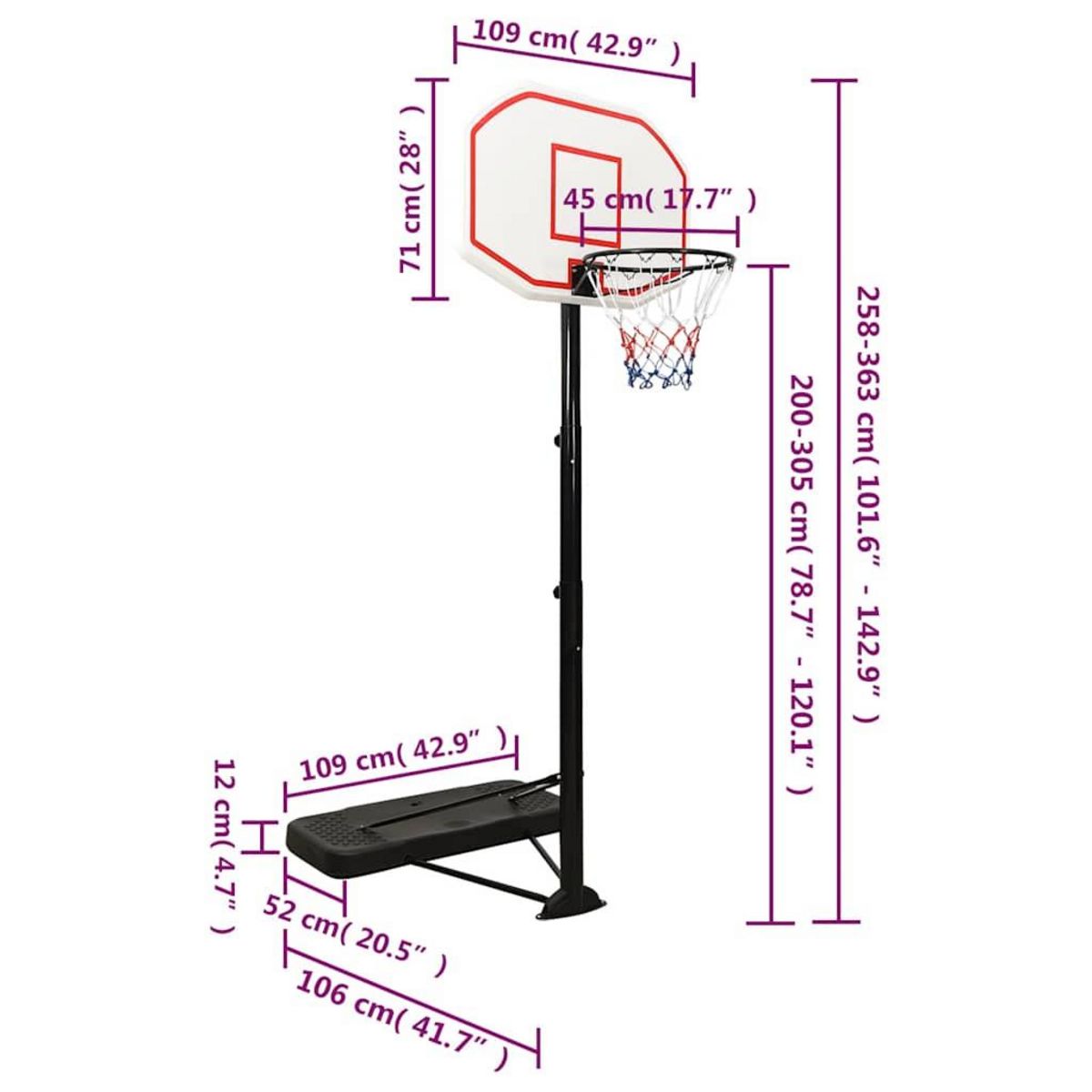 VIDAXL Support de basket-ball Blanc 258-363 cm Polyethylene