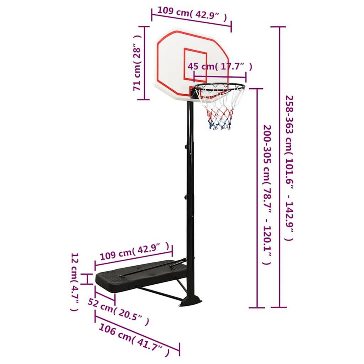 VIDAXL Support de basket-ball Blanc 258-363 cm Polyethylene