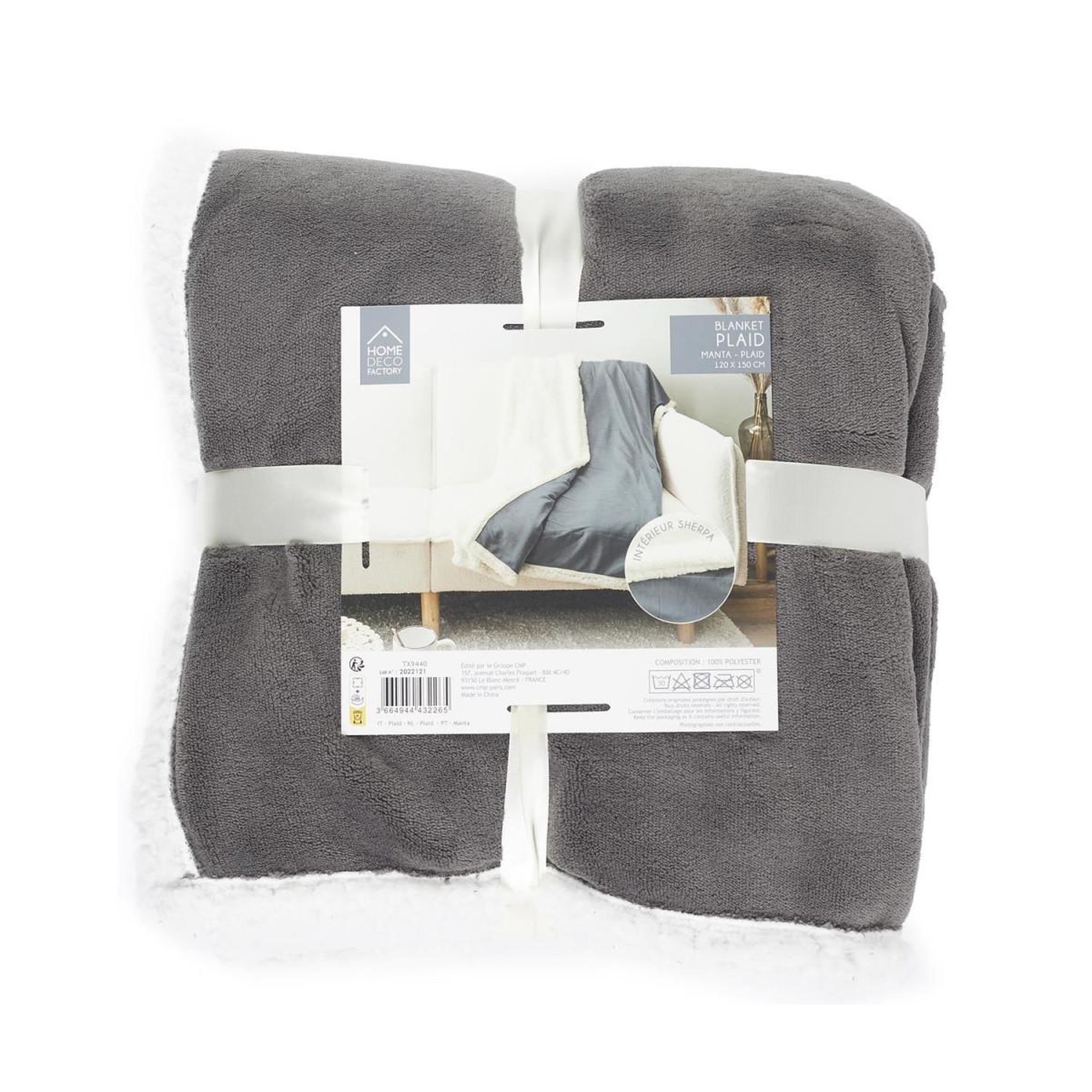 Voir la diapositive 4 : The Home Deco Factory Plaid microfibre  intérieur sherpa  120x150cm gris