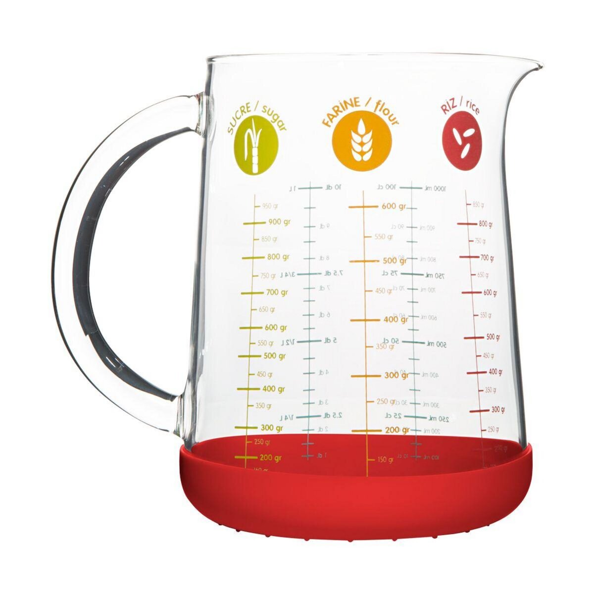 PEBBLY Verre doseur en verre avec base silicone 1L - rouge