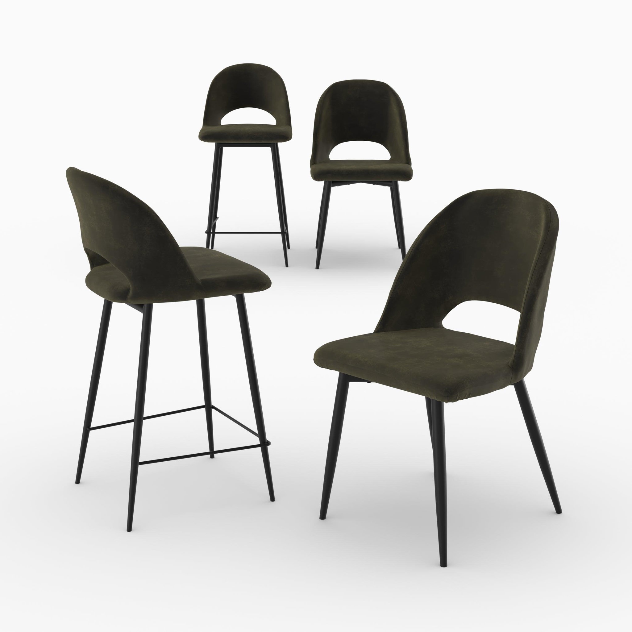 MAISON PAVANE Pack 2 chaises et 2 chaises de bar 65 cm en velours vert-pénélope