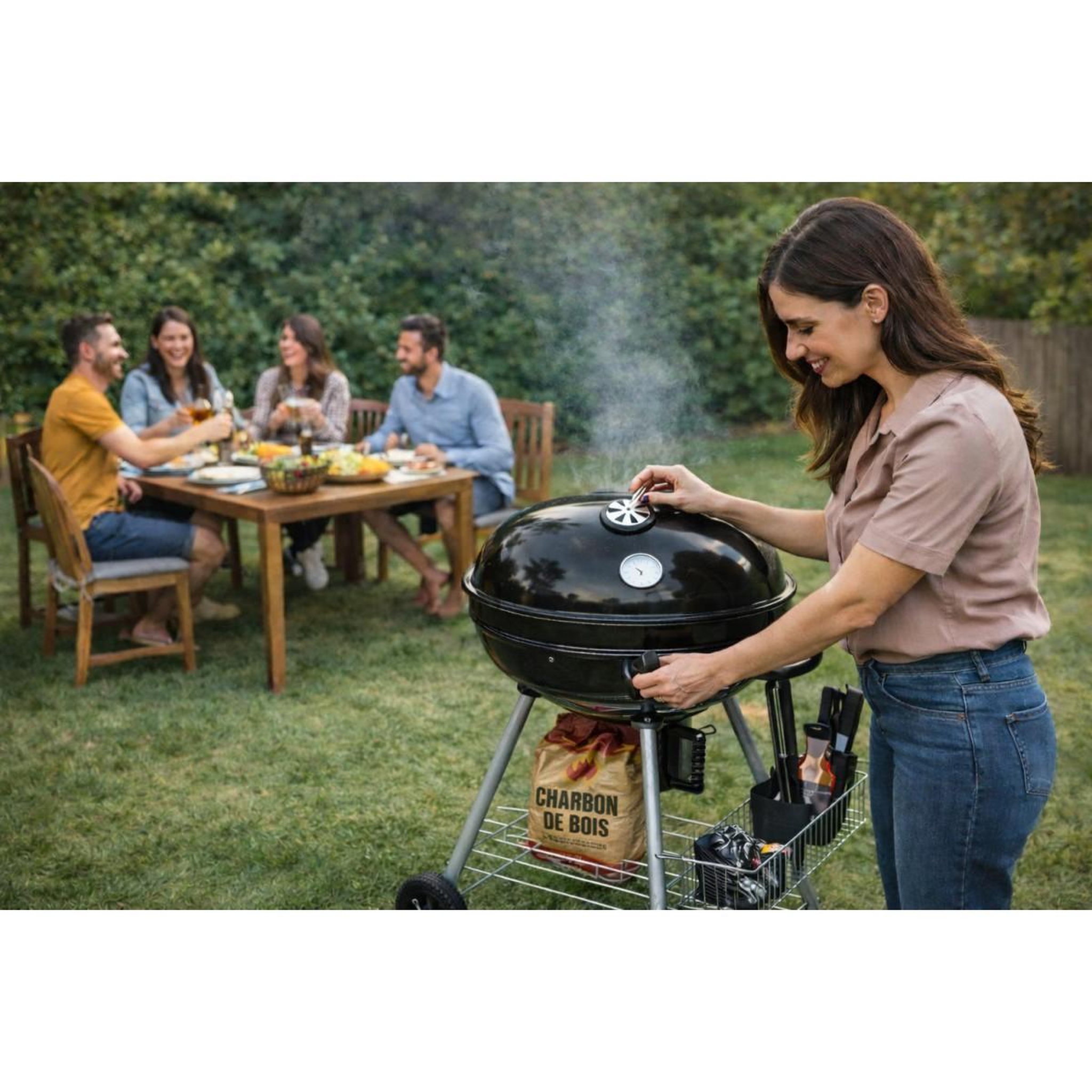 Voir la diapositive 4 : EL GAUCHO Barbecue à charbon de bois double grille cuisson ø54.5cm& couvercle thermostat bac à cendres, barbecue sur roues avec rangement