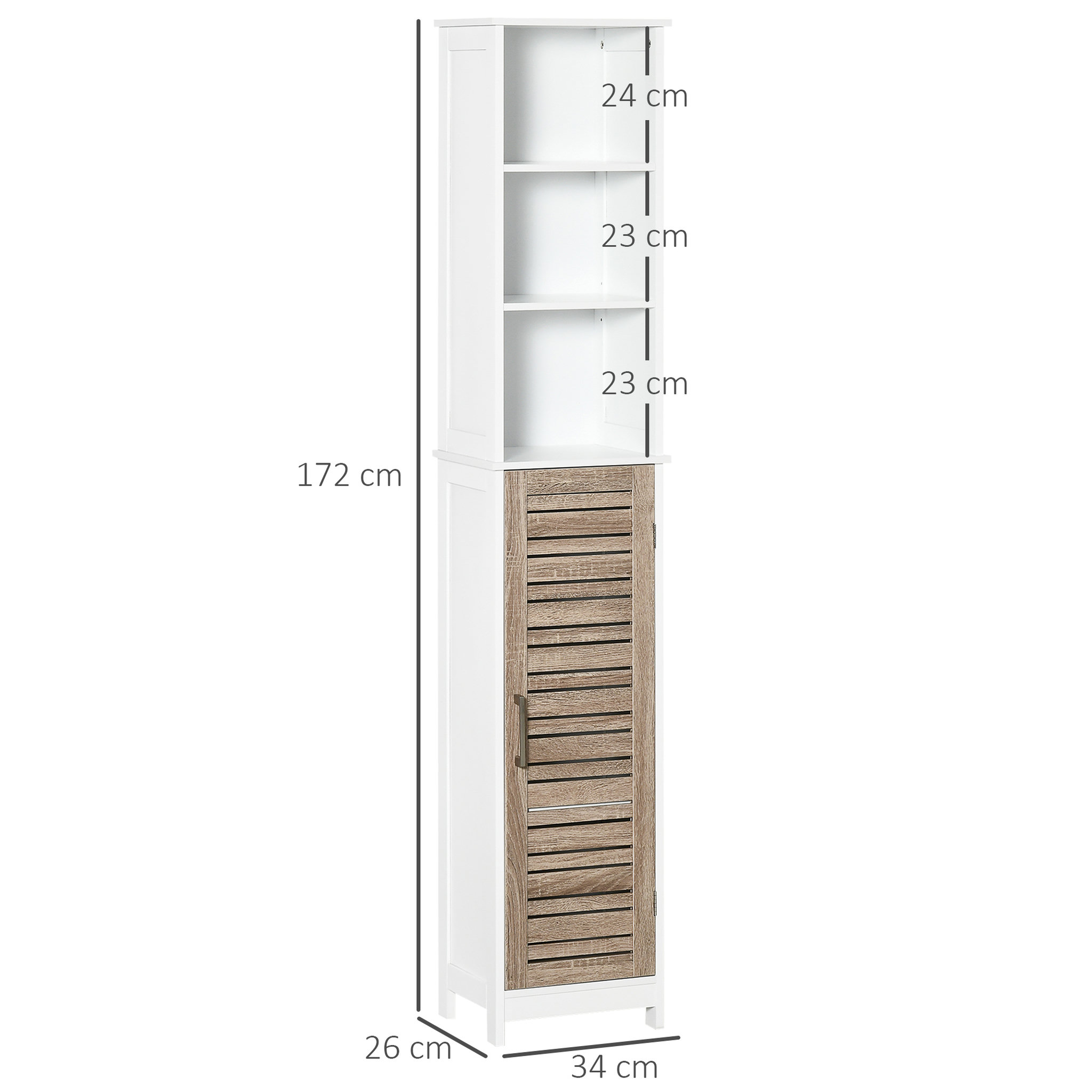 Voir la diapositive 3 : KLEANKIN Meuble colonne rangement salle de bain style cosy dim. 34L x 26l x 172H cm 3 niches porte aspect bois lattes 3 étagères