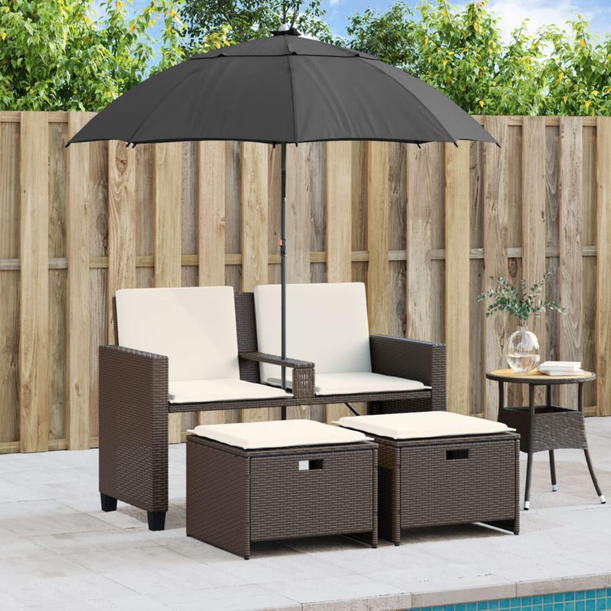 VIDAXL Canape de jardin 2 places et parasol et tabourets marron rotin