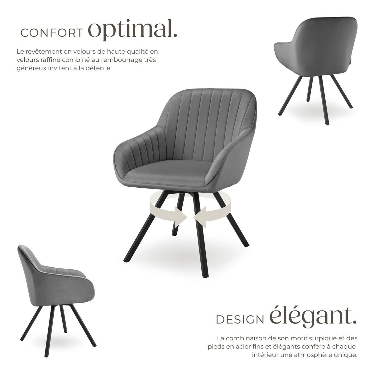 tectake Chaise pivotante avec accoudoirs rembourrée aspect velours gris