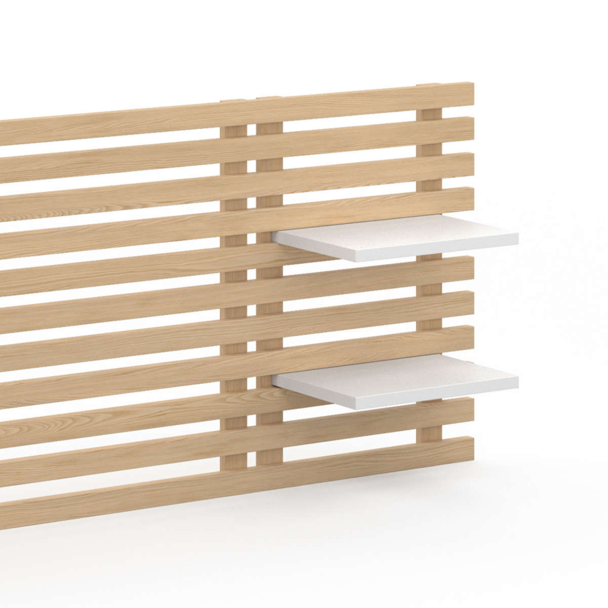 ID MARKET Tête de lit suspendue en lattes AVA 240 cm bois clair et étagères blanches