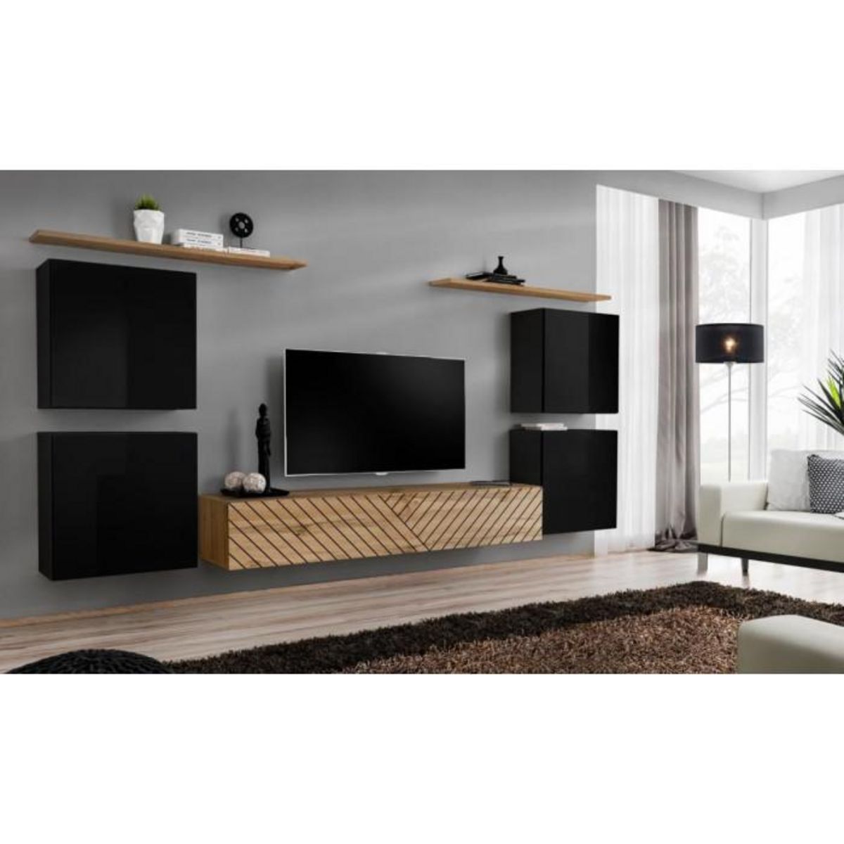 Paris Prix Ensemble Meuble TV  Switch Lamel IV  320cm Naturel & Noir