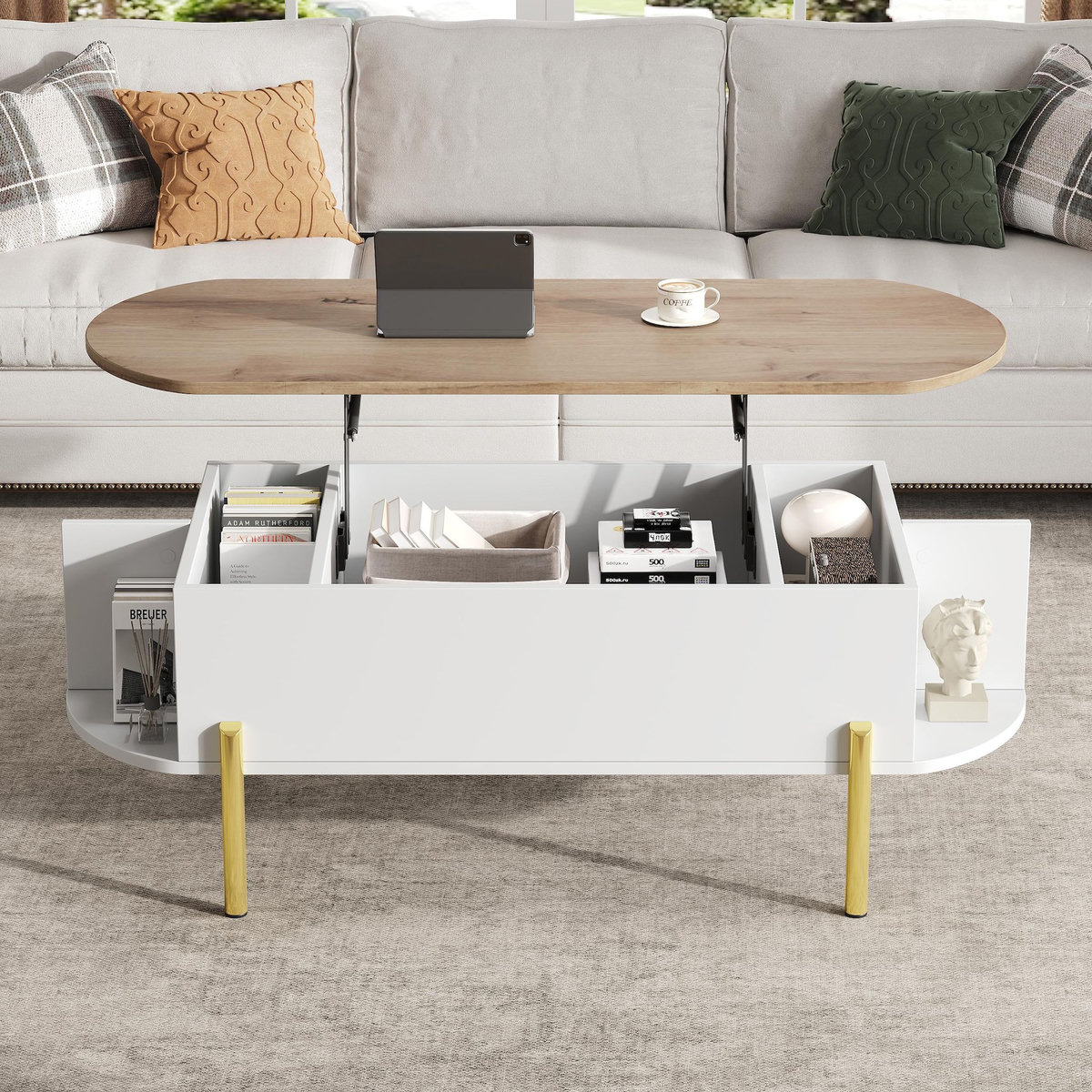 MERAX Table basse relevable ovale blanc+naturel - 50x120 cm mdf