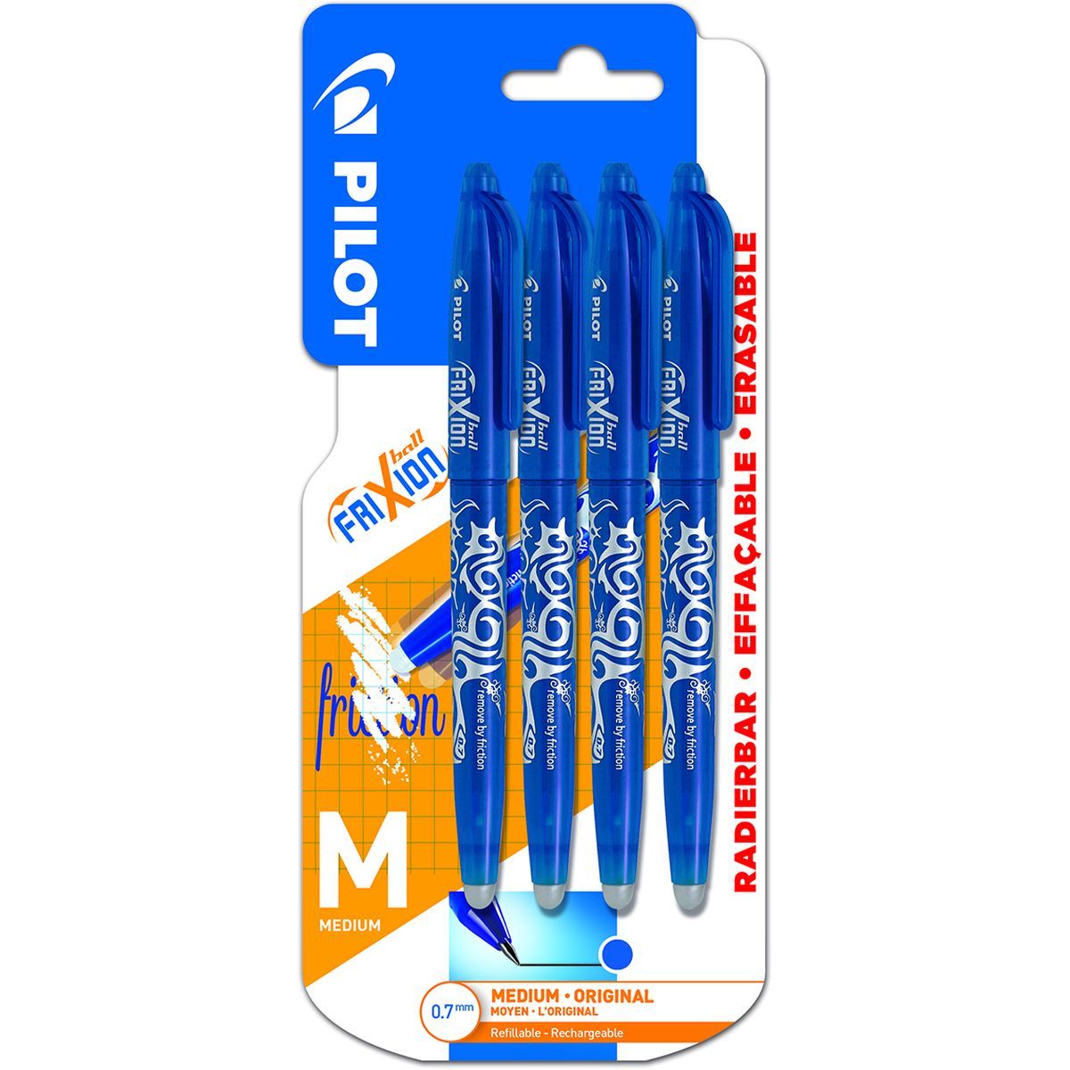 PILOT Lot de 4 stylos effaçables pointe moyenne bleu FriXion Ball
