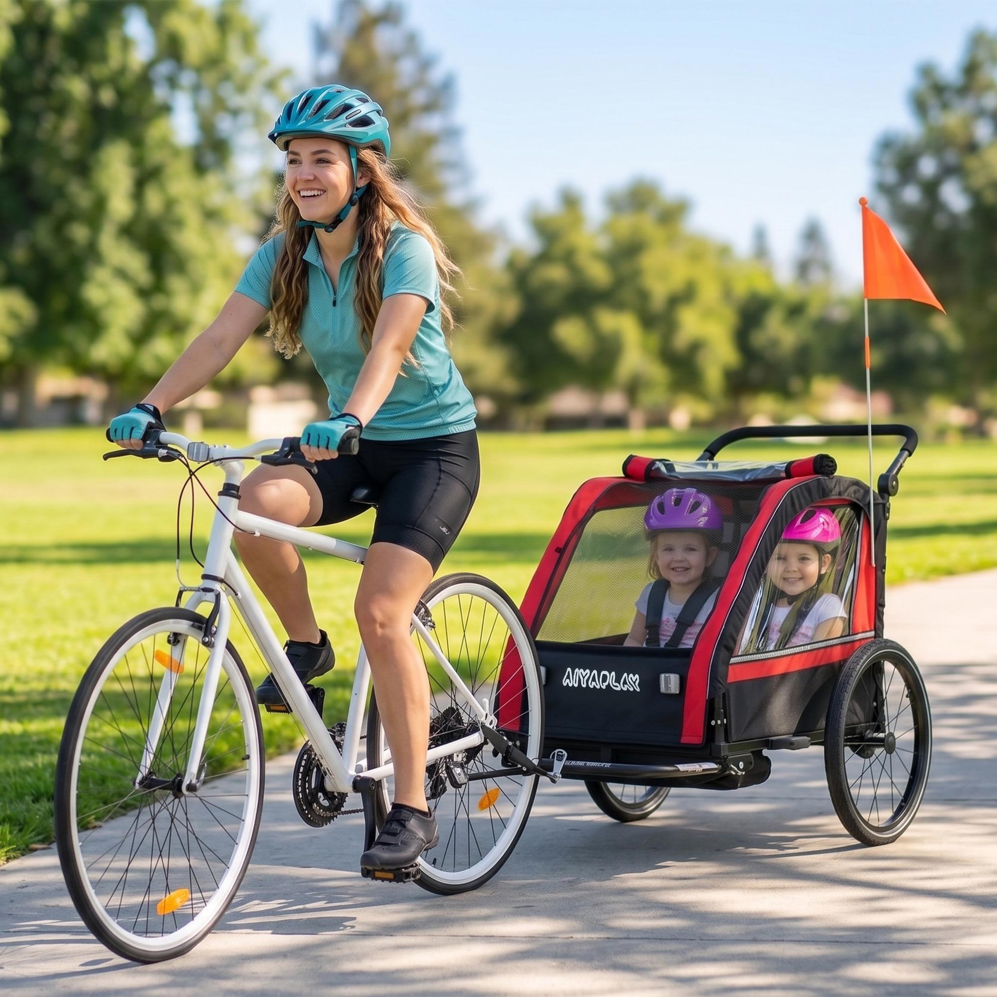 Voir la diapositive 2 : HOMCOM Remorque vélo jogger 2 en 1 pour enfant drapeau roue avant pivotante réflecteurs et barre d'attelage inclus rouge noir