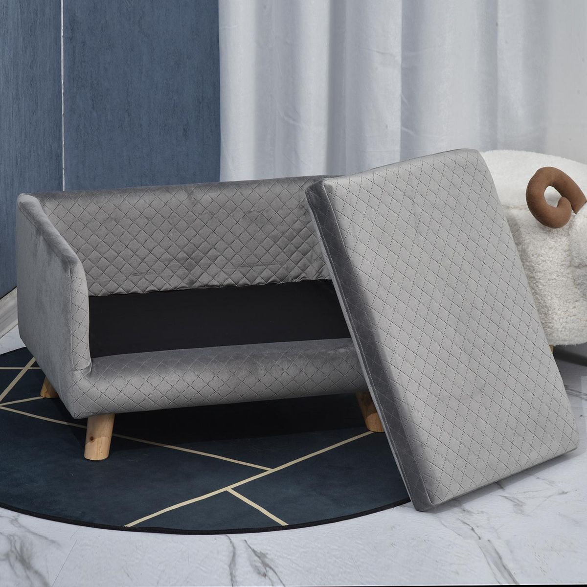 PAWHUT Canapé chien lit pour chien design scandinave coussin moelleux pieds bois massif dim. 64 x 45 x 36 cm velours gris