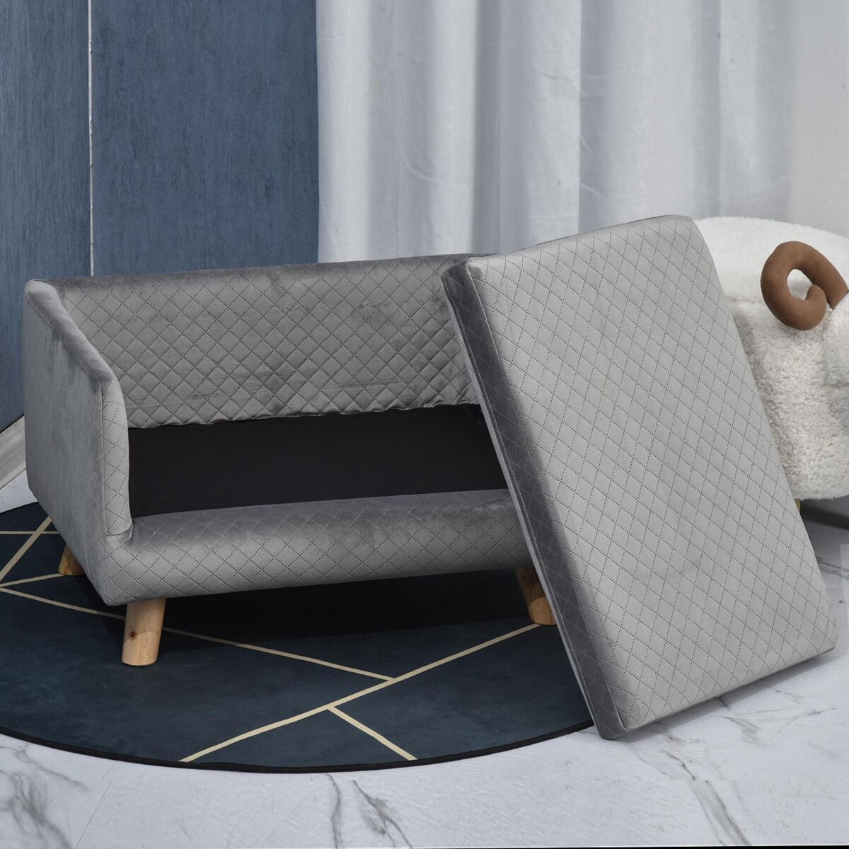 PAWHUT Canapé chien lit pour chien design scandinave coussin moelleux pieds bois massif dim. 64 x 45 x 36 cm velours gris