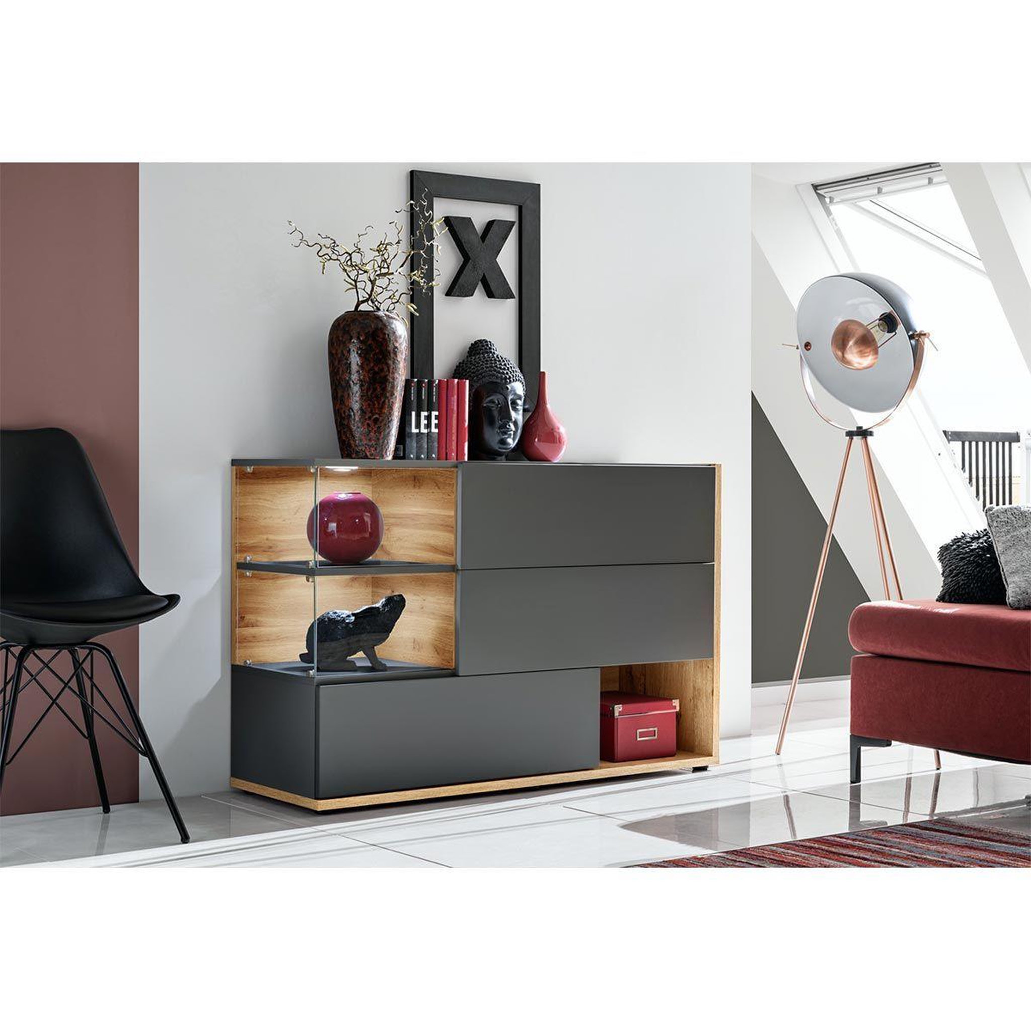 Voir la diapositive 2 : Paris Prix Buffet 3 portes & 3 niveaux  silk  120cm gris & naturel