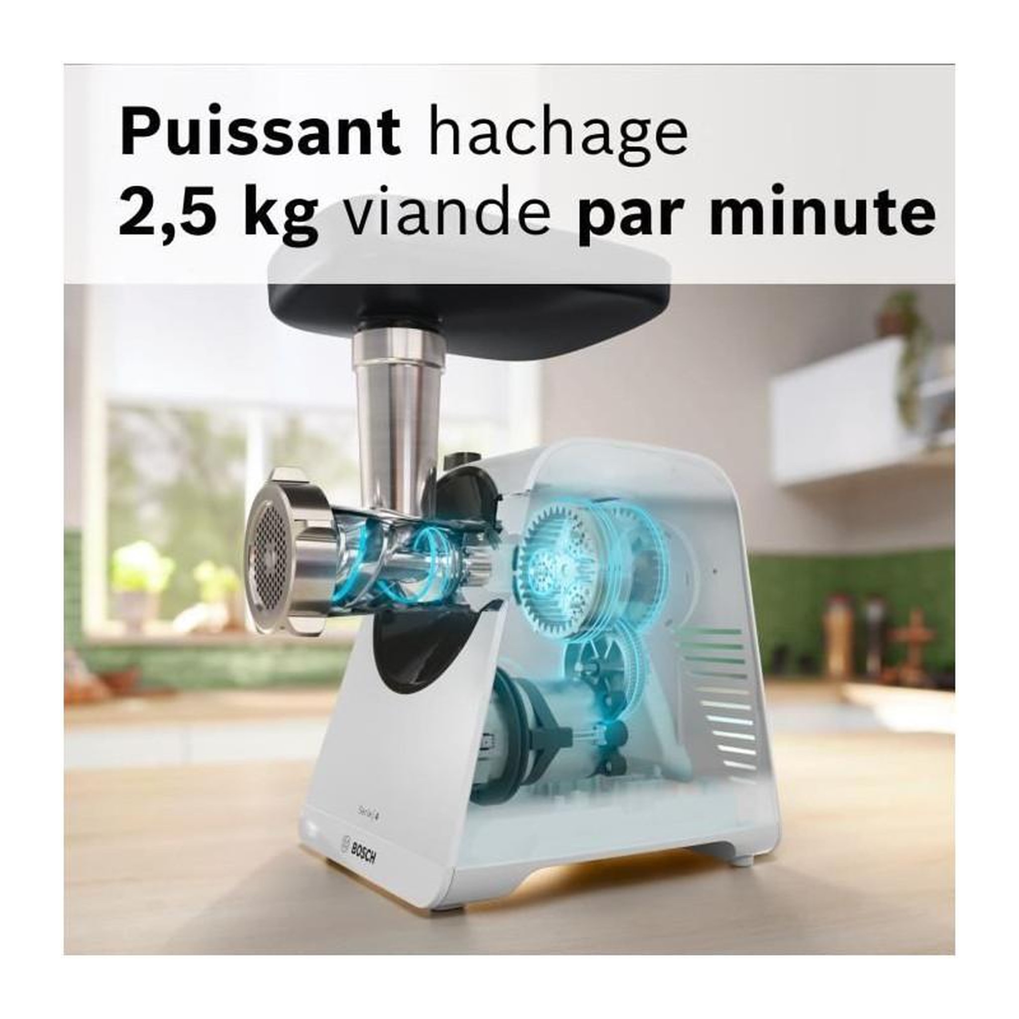 Voir la diapositive 3 : BOSCH Hachoir a viande - BOSCH - MFWS420W Série 4 - Blanc - 500 W - moteur bloqué 1900 W - 2,5 kg/mn - 2 vitesses - 2 grilles de hac