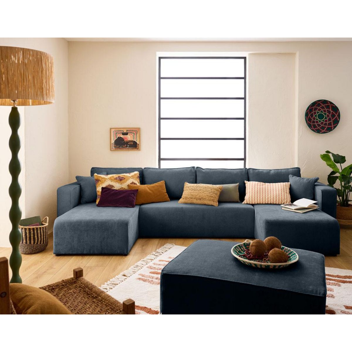 BEST MOBILIER Topaze - canapé panoramique en u - 7 places - convertible avec coffre - en velours côtelé plat