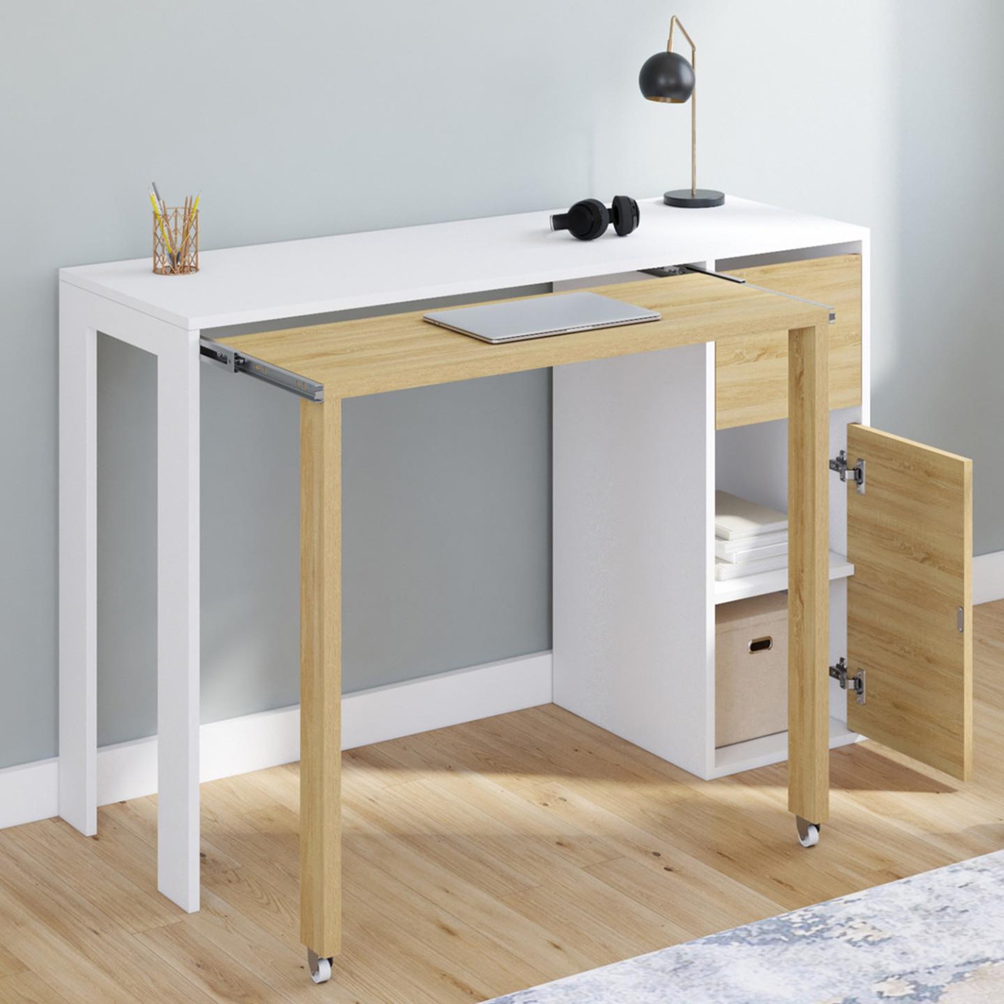 Voir la diapositive 2 : ID MARKET Bureau extensible ron avec colonne de rangement tiroir et placard blanc et bois