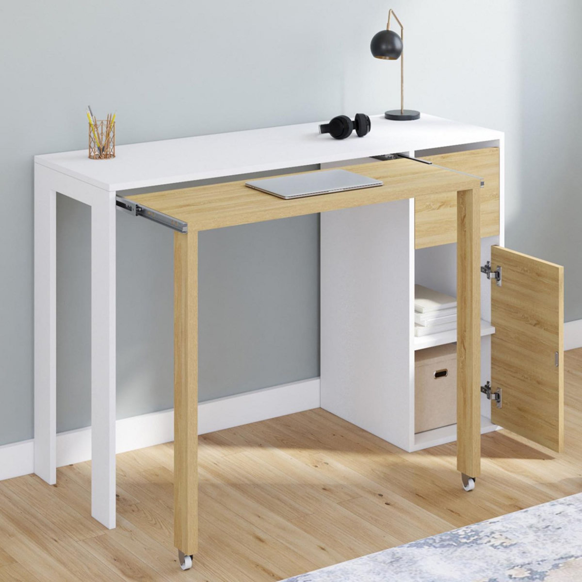 ID MARKET Bureau extensible RON avec colonne de rangement tiroir et placard blanc et bois