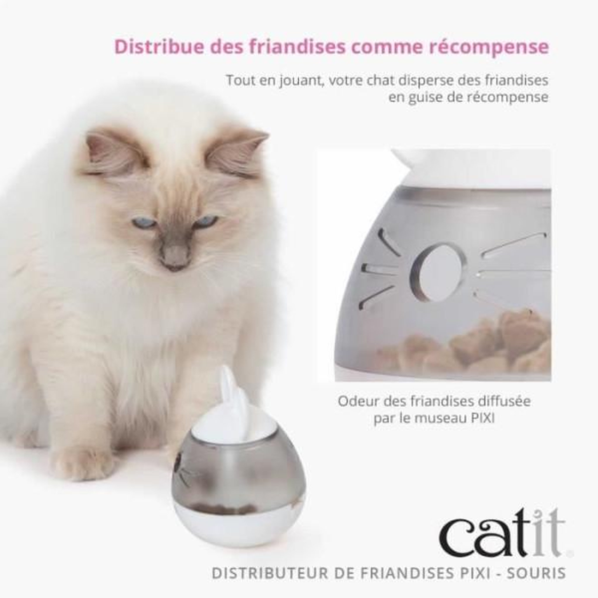 Voir la diapositive 3 : MARKET24 Distributeur de friandises pour chat - CATIT - PIXI - Design oreilles de souris - Blanc