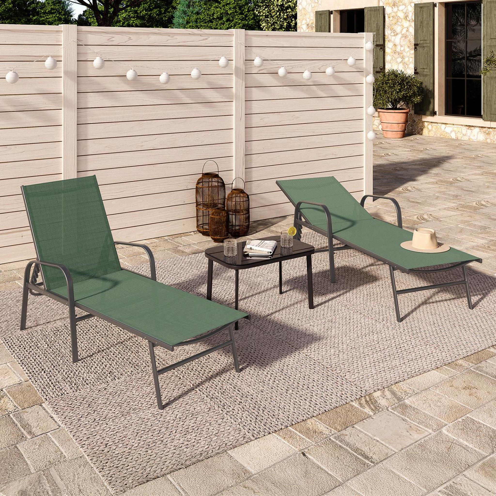 Voir la diapositive 2 : ID MARKET Lot de 2 transats de jardin inclinables FIDJI en acier et toile vert olive