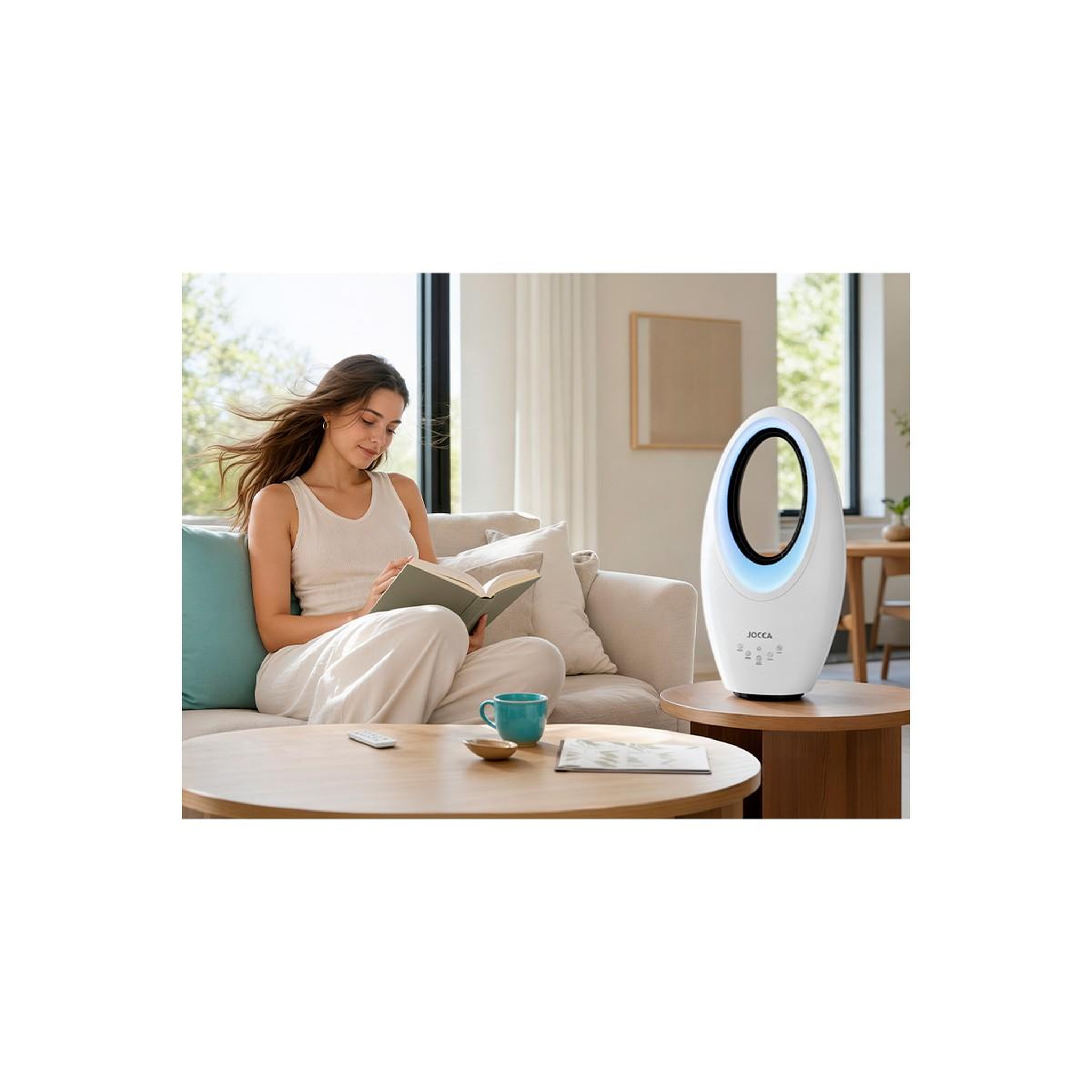 Voir la diapositive 4 : Jocca Ventilateur sans pales 65W Télécommande, Oscillation, Minuterie 12h, 3 Vitesses, Éclairage LED 4 Couleurs, 29 x 17 x 57 cm Jocca