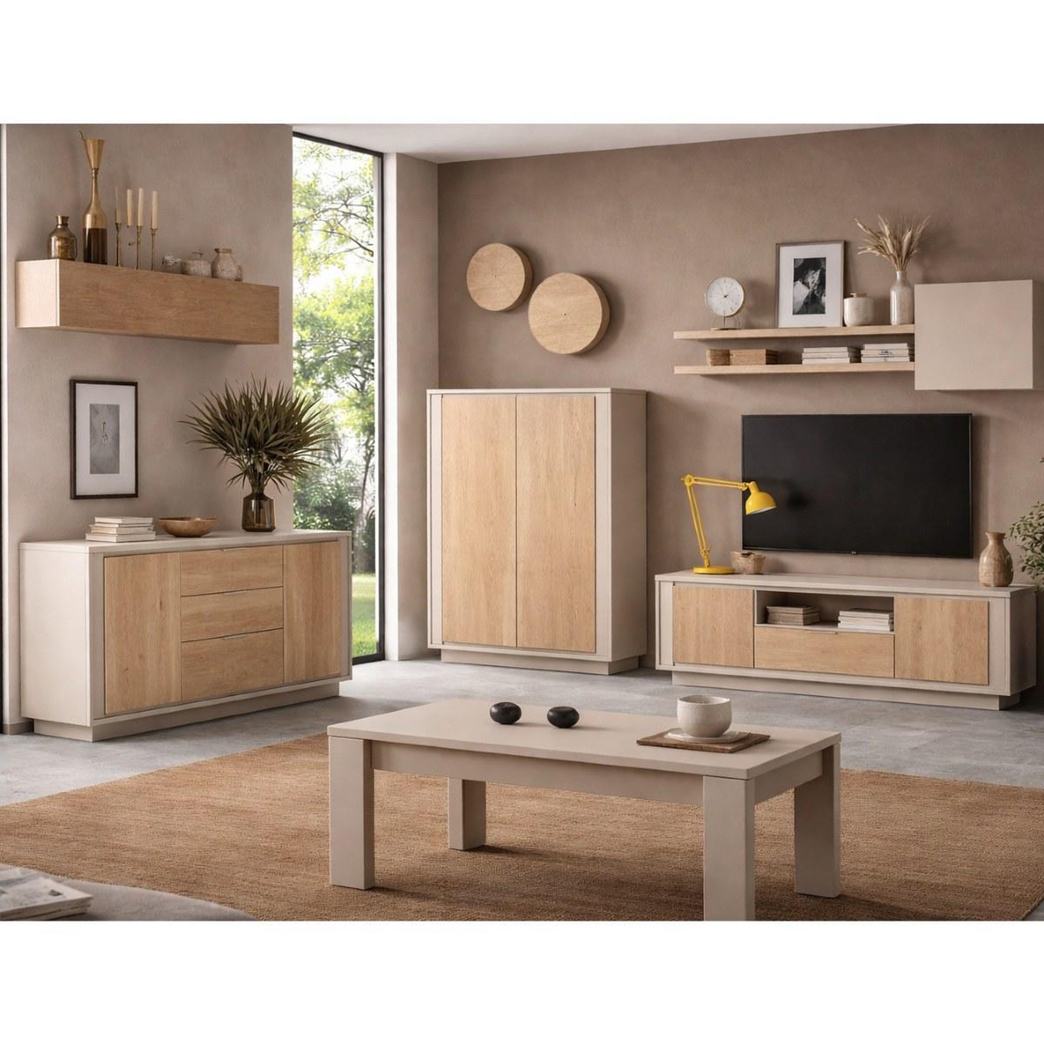 Voir la diapositive 5 : JLC KREATION Buffet bas beige et bois clair 2 portes-3 tiroirs 180cm yori