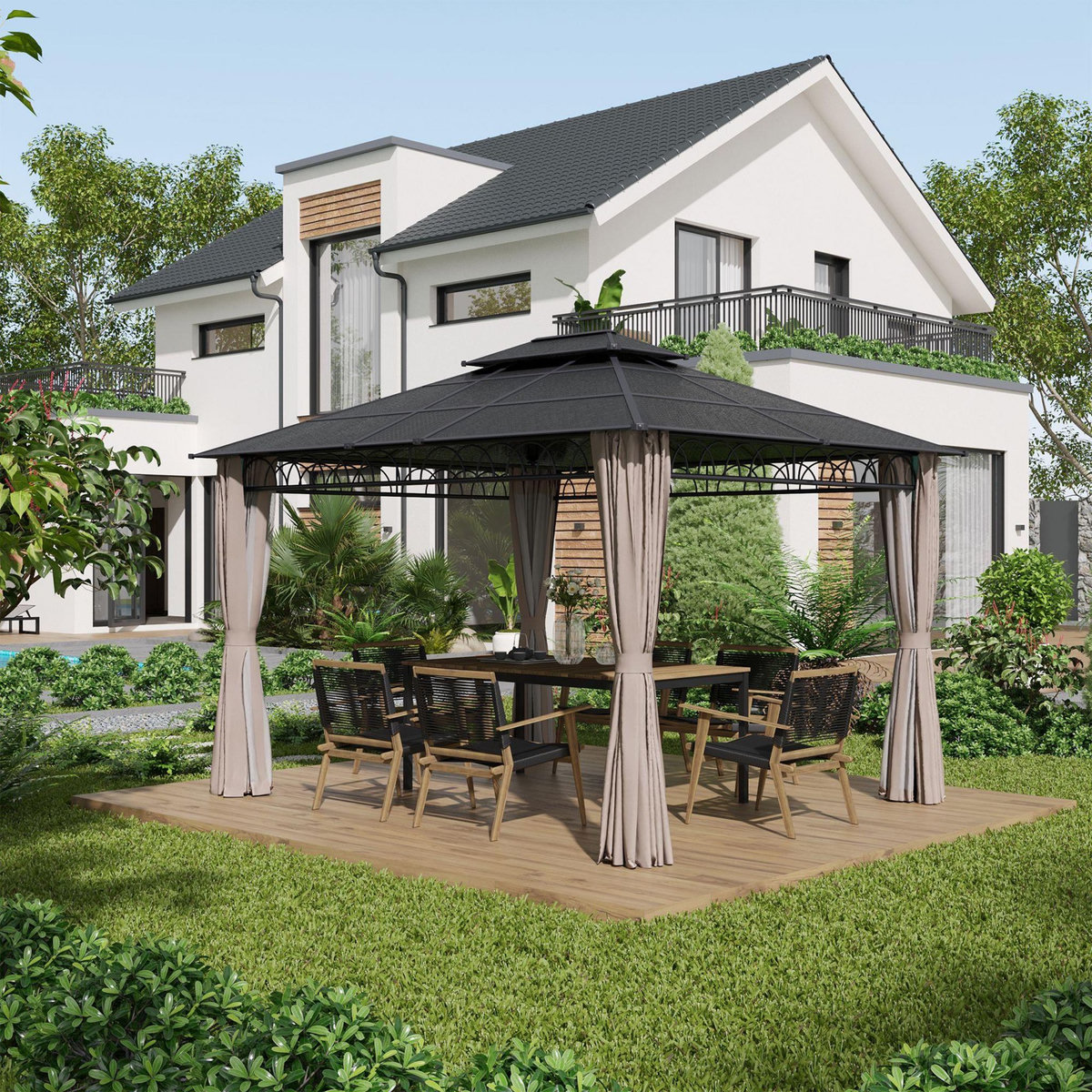 OUTSUNNY Pavillon de jardin tonnelle rigide dim. 3,6L x 3l x 2,78H m rideaux latéraux anti-UV structure gris toit polycarbonate noir