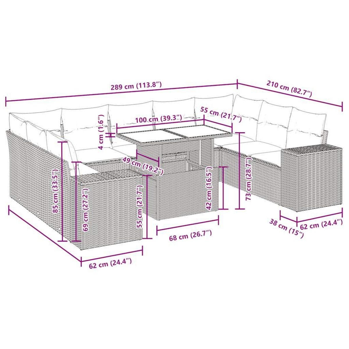 VIDAXL Salon de jardin avec coussins 10 pcs gris clair resine tressee