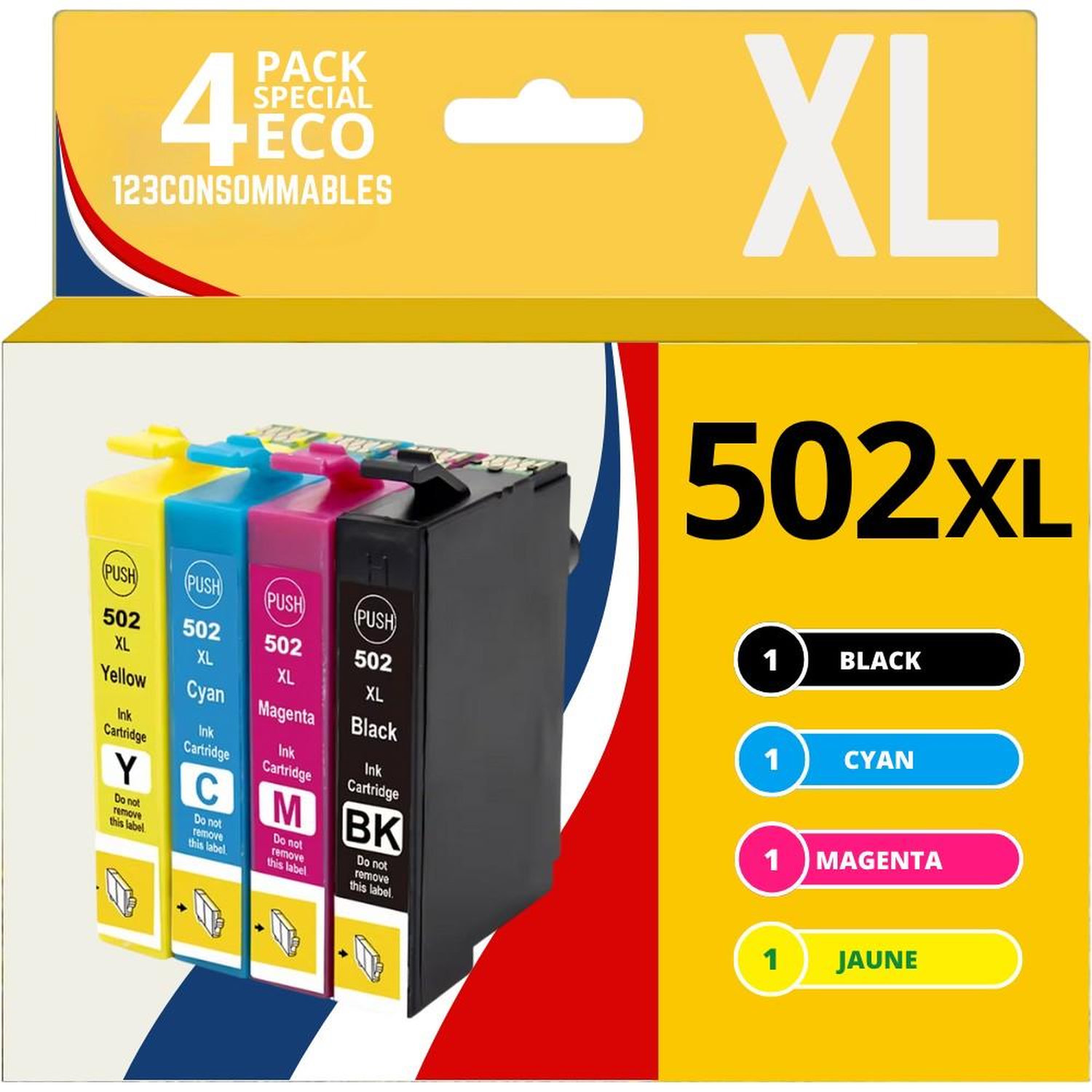123CONSOMMABLES 502XL Cartouche d'encre Compatible pour Epson 502 pour Epson Expression Home XP 5100 XP5100 XP 5105 XP 5150 XP 5155 Workforce WF 2860 WF 2865 WF 2880 WF 2885 4 pack Neuf - vue 5