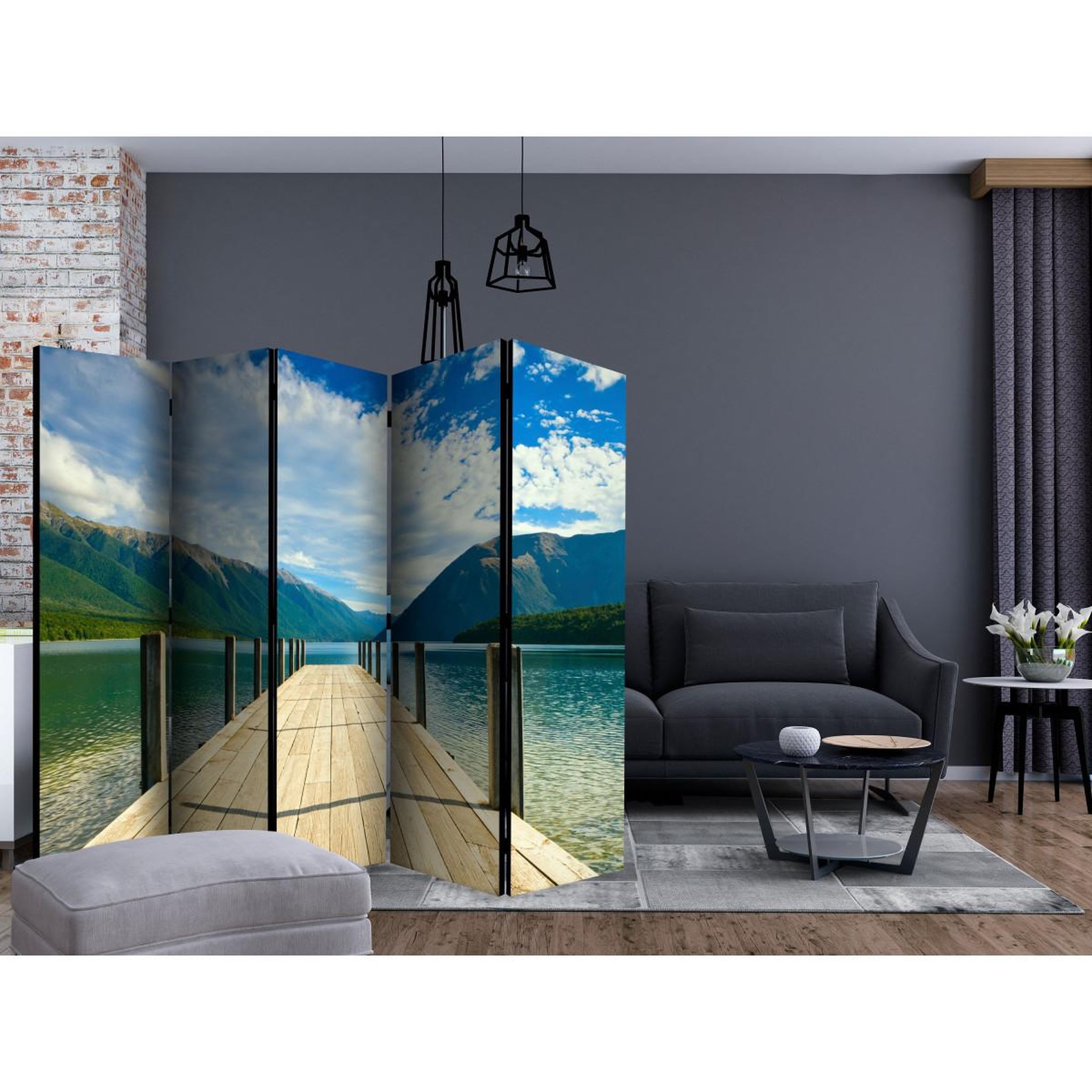 Voir la diapositive 2 : Paris Prix Paravent 5 volets  mountain lake bridge  172x225cm