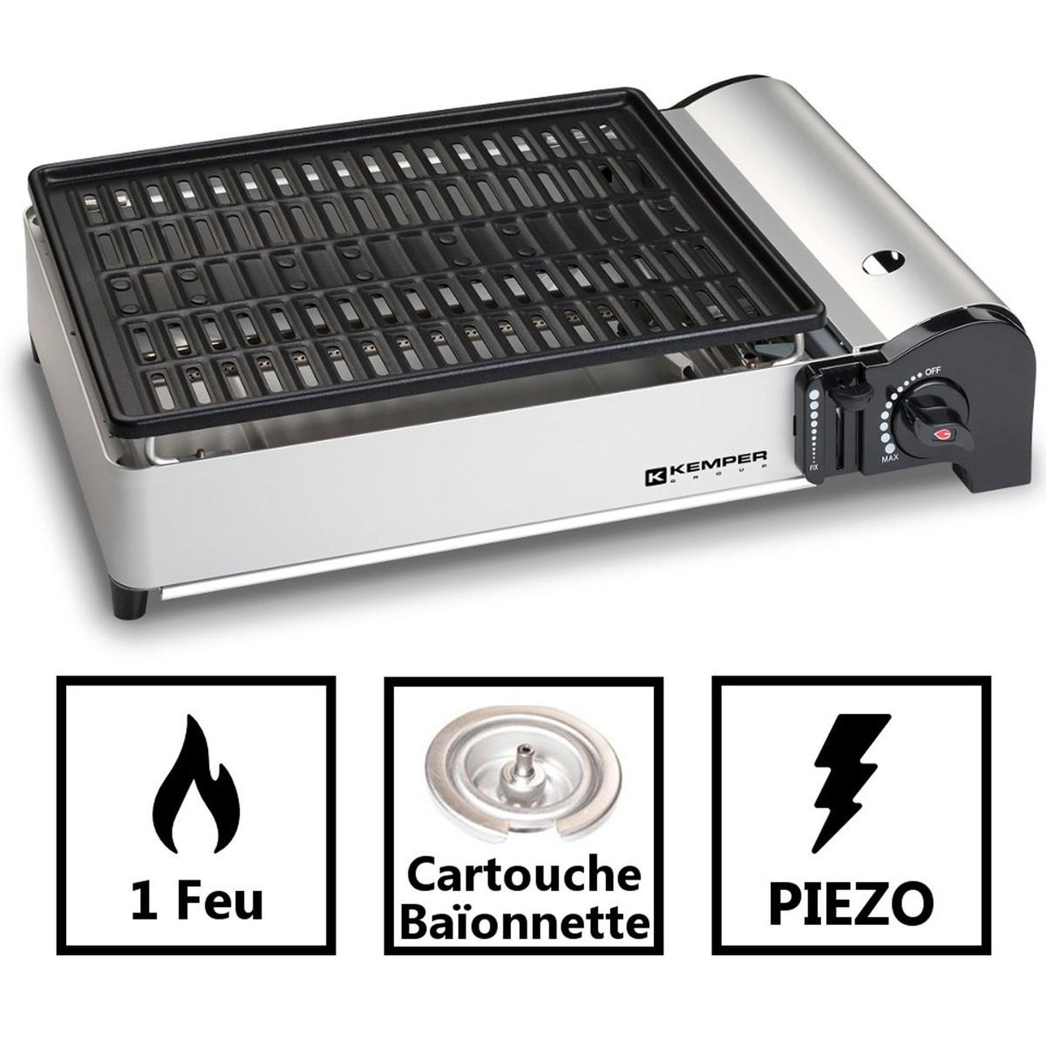 Voir la diapositive 4 : Kemper Barbecue à gaz 1900W Grille anti adhesive + 8 Cartouches gaz KEMPER