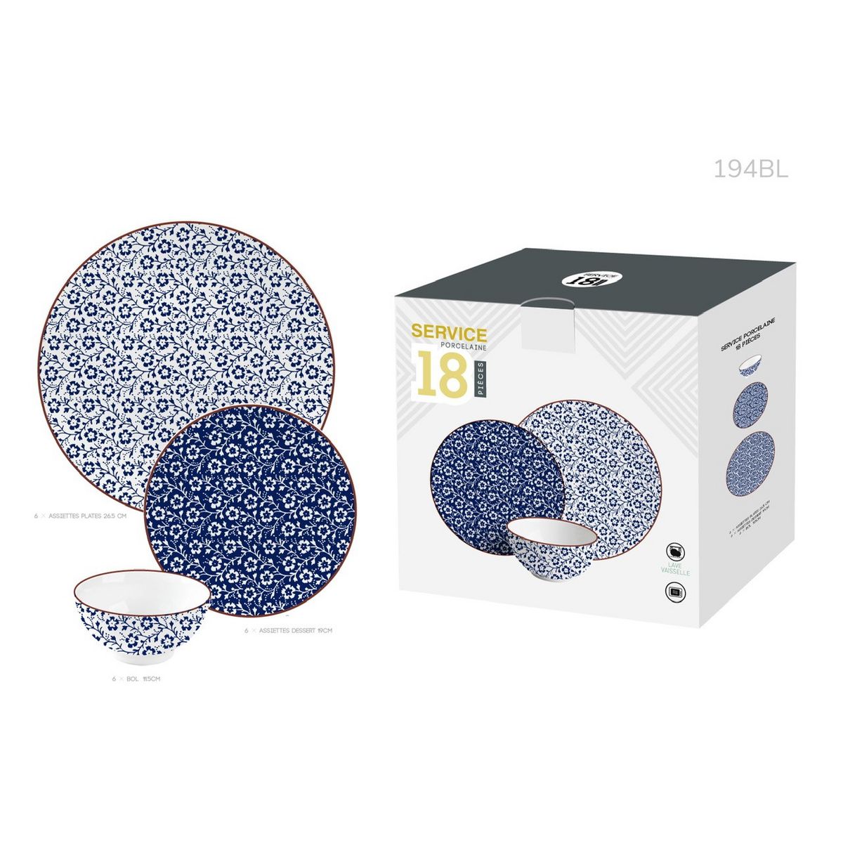 Service vaisselle 18 pièces en porcelaine bleu
