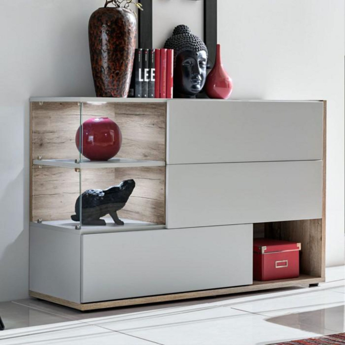 Paris Prix Buffet 3 Portes & 3 Niveaux  Silk  120cm Gris Clair & Naturel