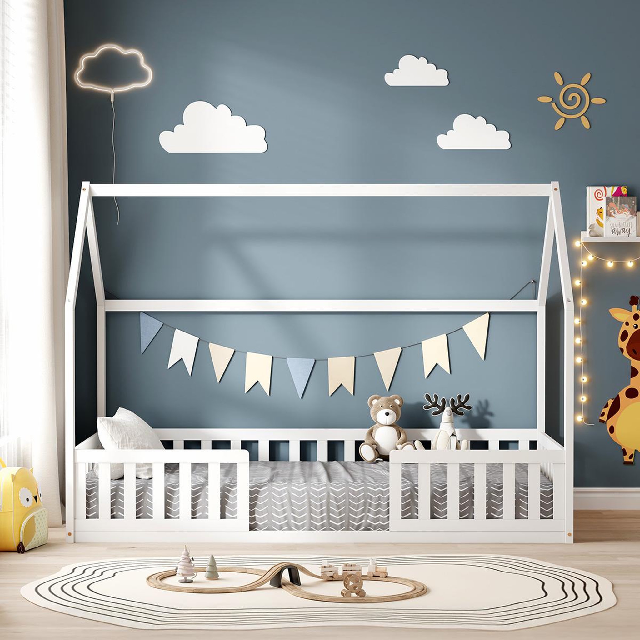 Voir la diapositive 2 : MINEA Minea | lit cabane avec barrière nid enchante 90x190 cm (matelas non inclus)