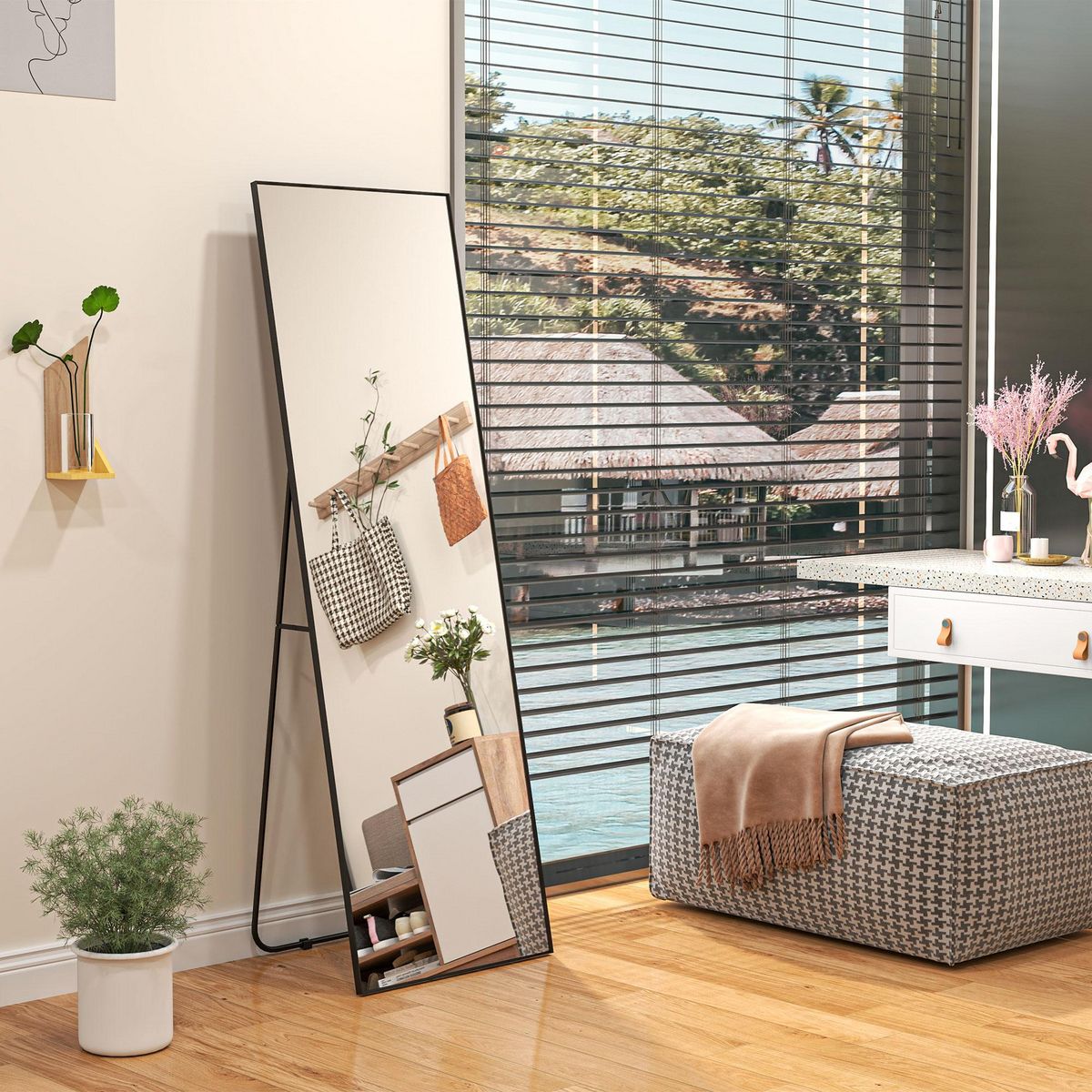 HOMCOM Grand miroir pleine longueur rectangulaire 50 x 160 cm - miroir sur pied ou mural - noir