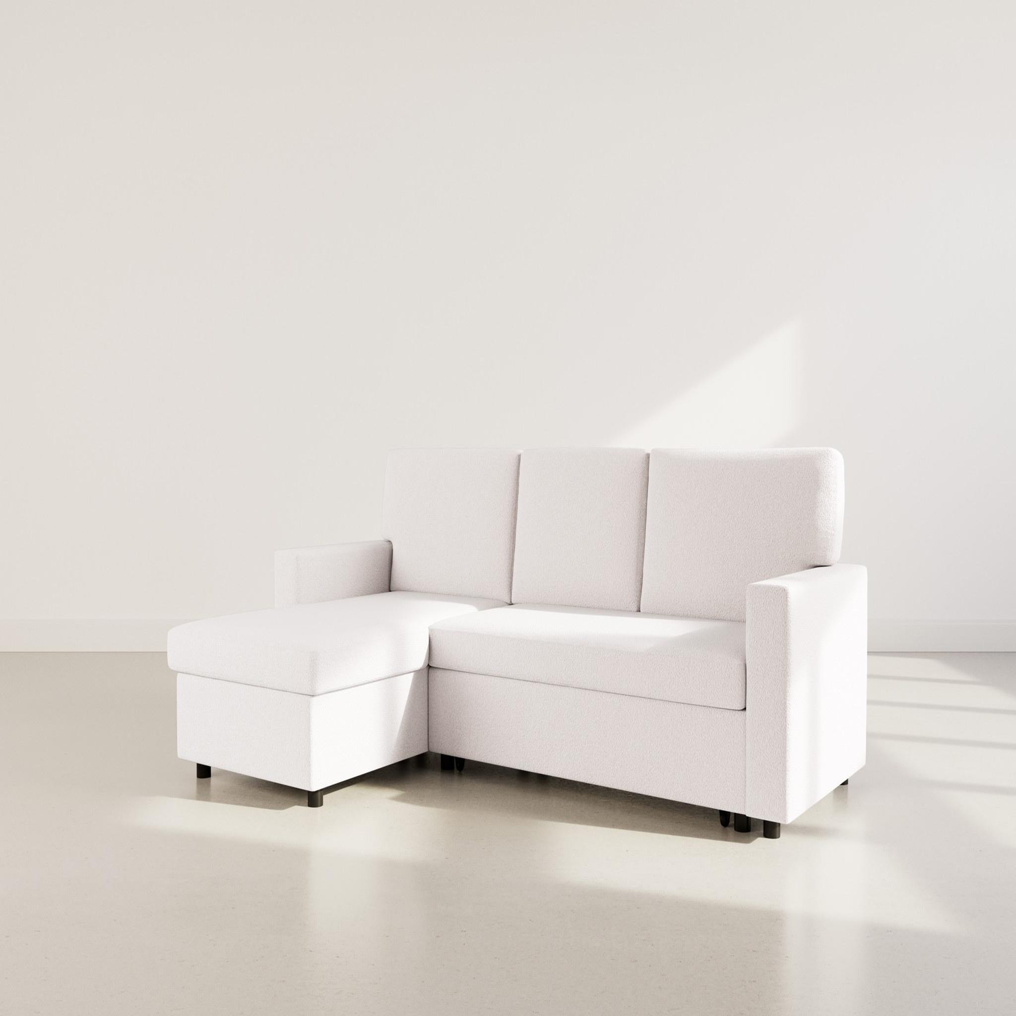 BEST MOBILIER Meiya - canapé d'angle réversible 4 places convertible avec coffre en tissu bouclette. Coloris disponibles : Beige