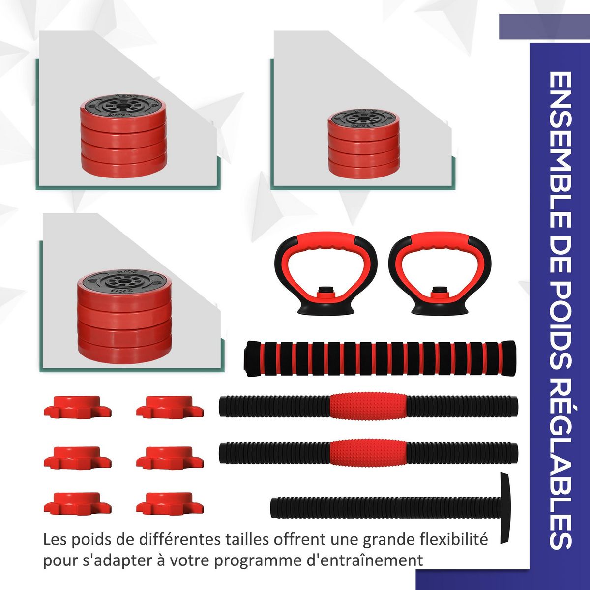 HOMCOM Kit haltères musculation réglables 4 en 1 - total 20 Kg - disques, barres, clips de sécurité inclus - noir rouge
