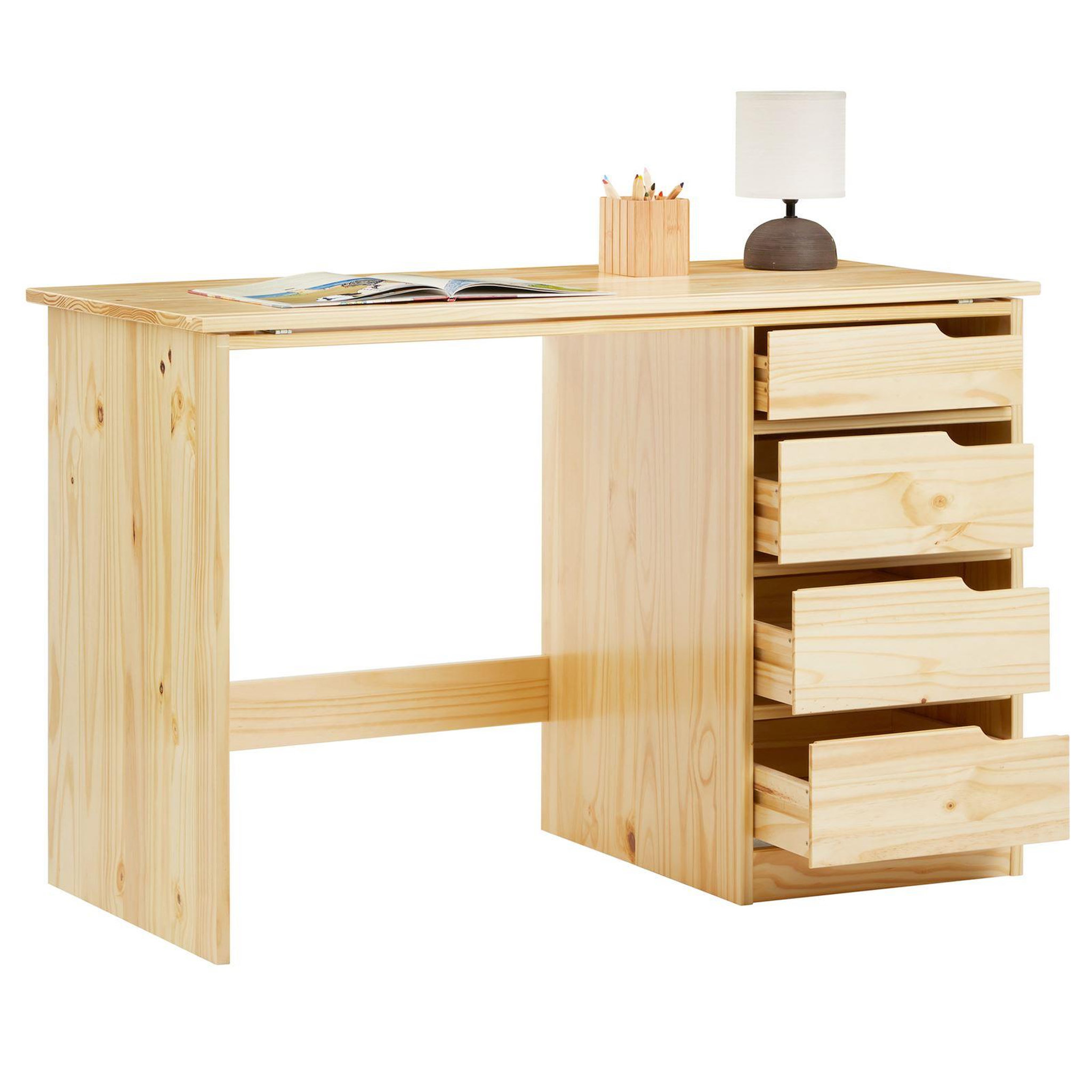 Voir la diapositive 4 : IDIMEX Bureau enfant EMMA, en pin massif, 4 tiroirs et plateau inclinable