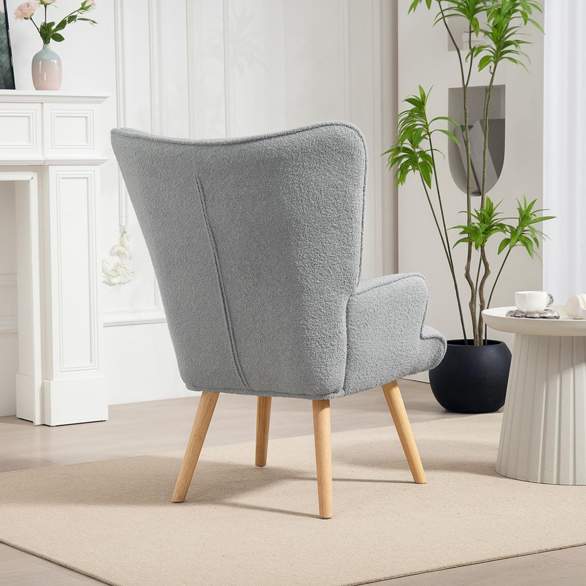 HOMCOM Fauteuil à oreilles style nordique piètement bois effet laine bouclée gris
